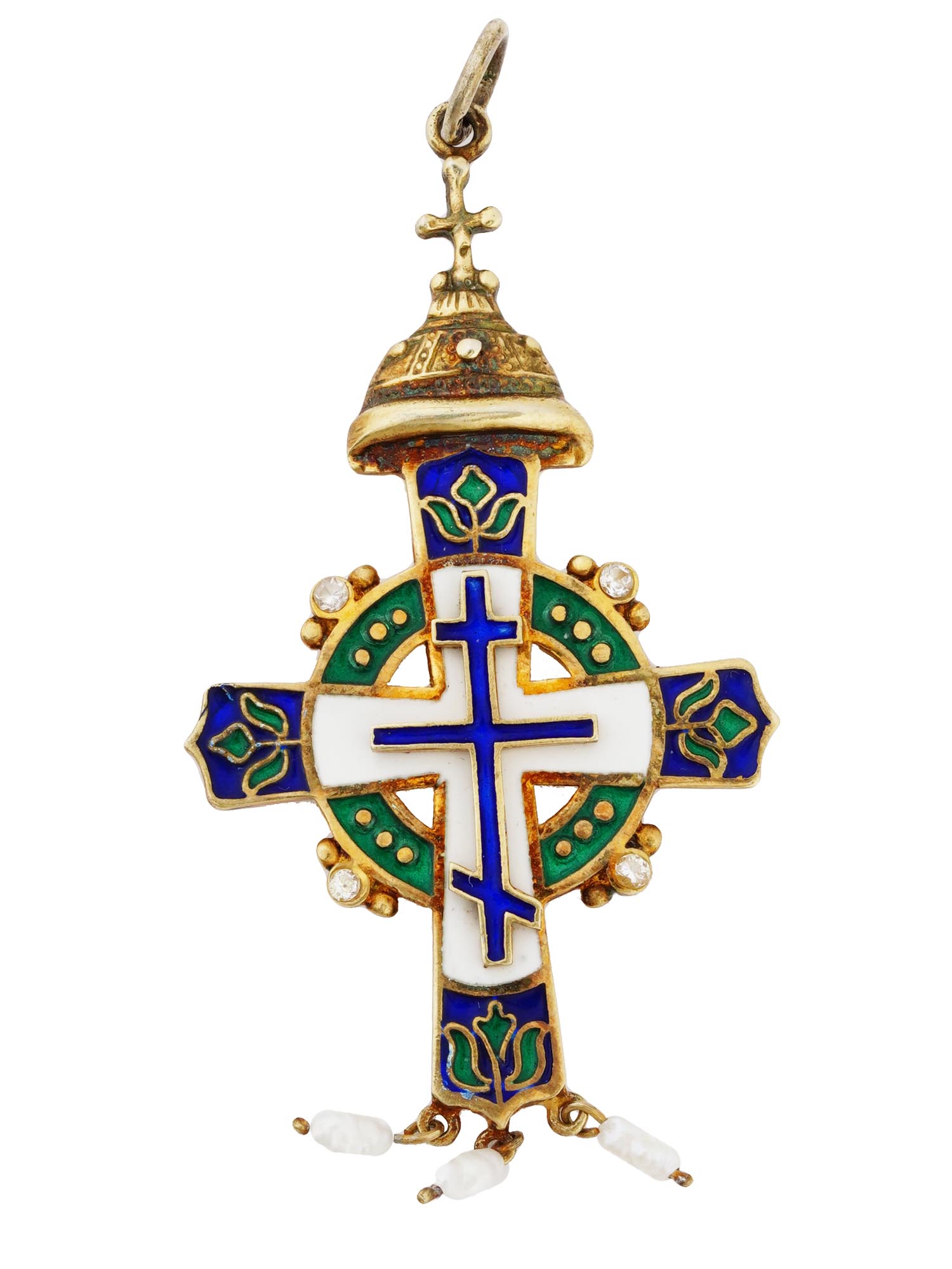 RUSSIAN 88 GILT SILVER ENAMEL GEMSTONE CROSS PENDANT PIC-0