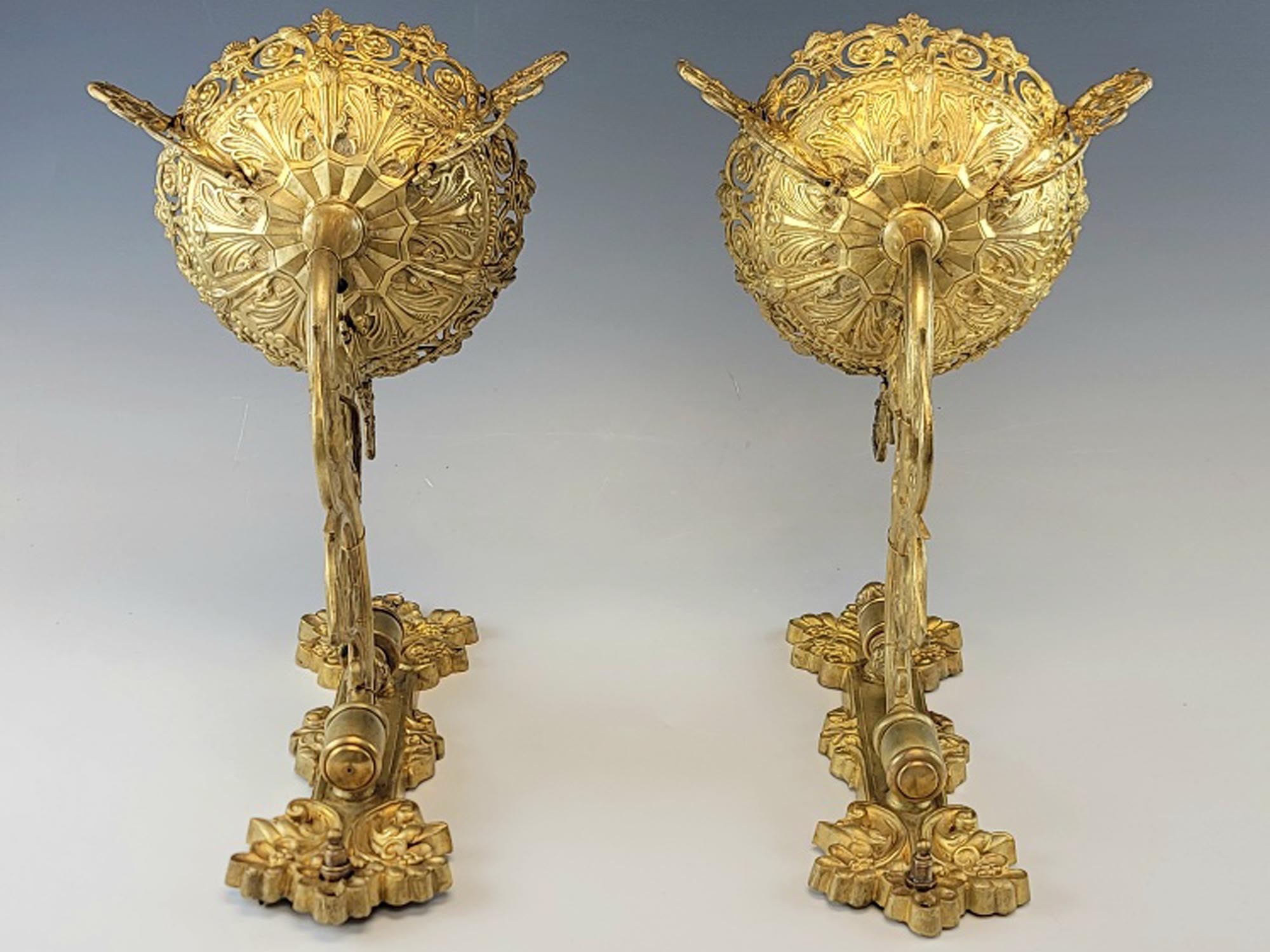 LARGE 19C ANTIQUE FRENCH GILT BRONZE WALL SCONCES PIC-2