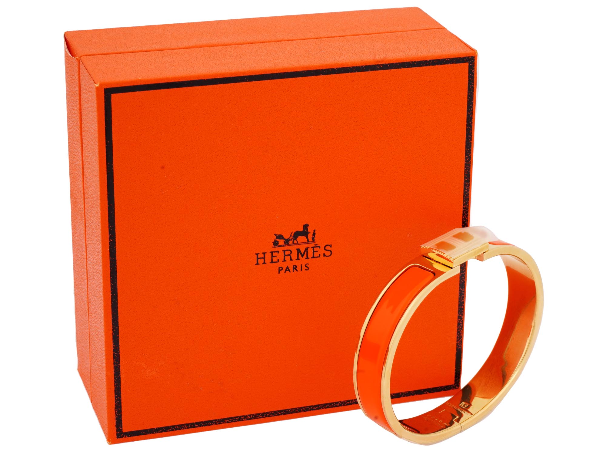 HERMES LOCKY ME HINGED BANGLE BRACELET IN ORANGE IOB PIC-1