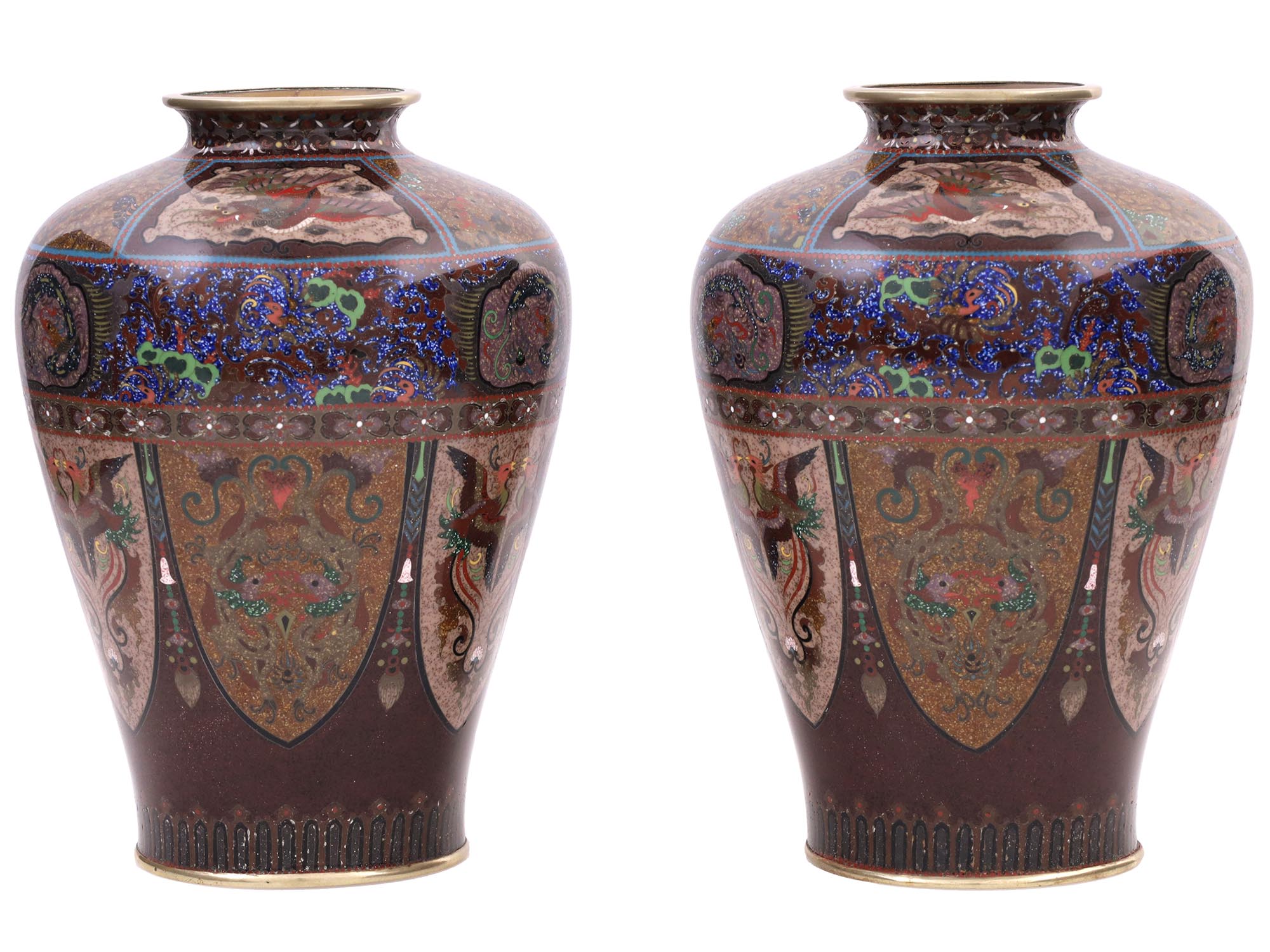 RARE ANTIQUE JAPANESE CLOISONNE ENAMEL GOLDSTONE VASES PIC-0