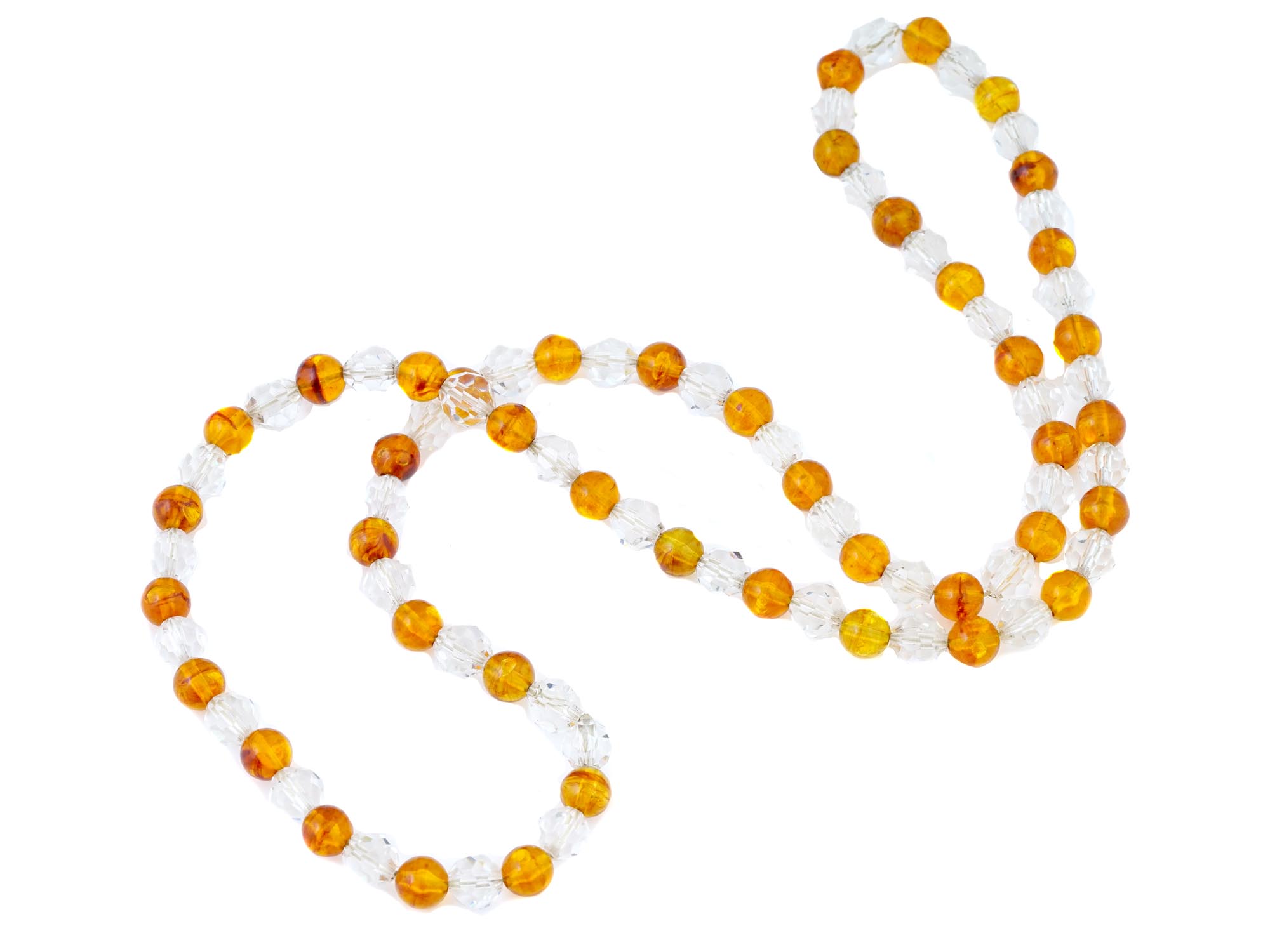 HAND CARVED AMBER BEADS AND CRYSTAL GLASS NECKLACE PIC-2