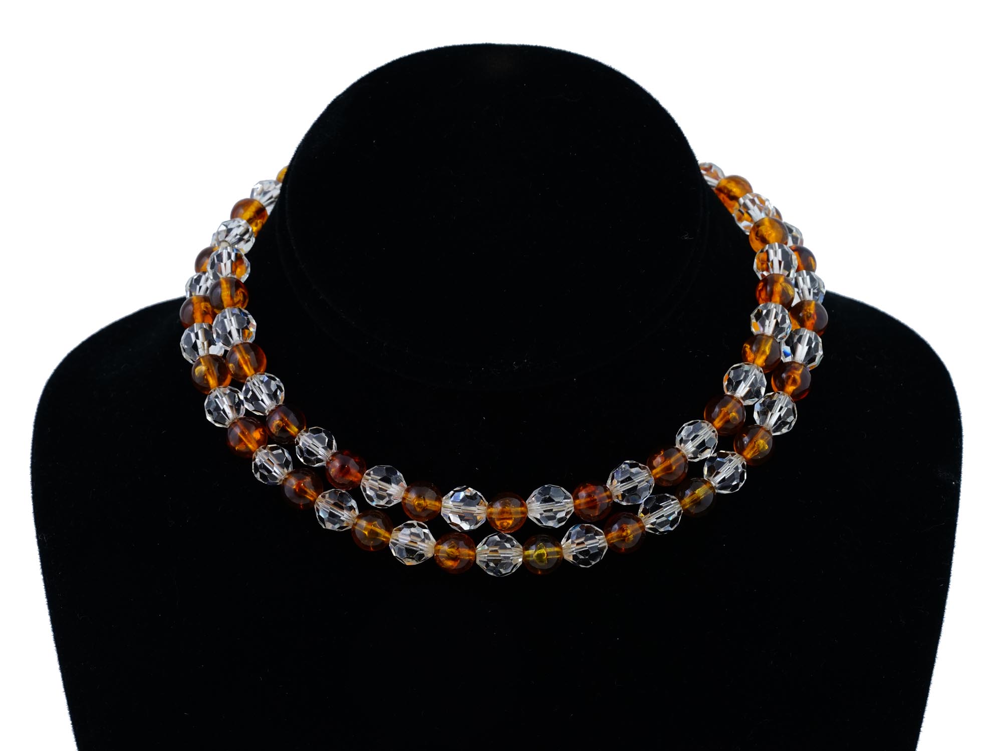 HAND CARVED AMBER BEADS AND CRYSTAL GLASS NECKLACE PIC-4