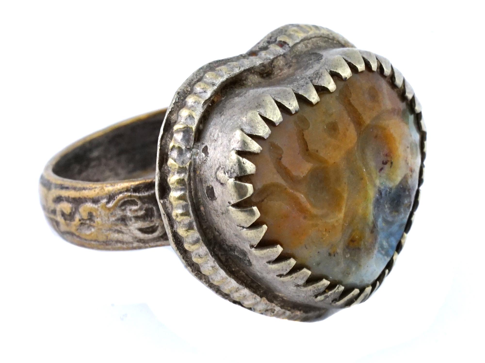 ANTIQUE VICTORIAN SILVER BROWN ONYX INTAGLIO RING PIC-0