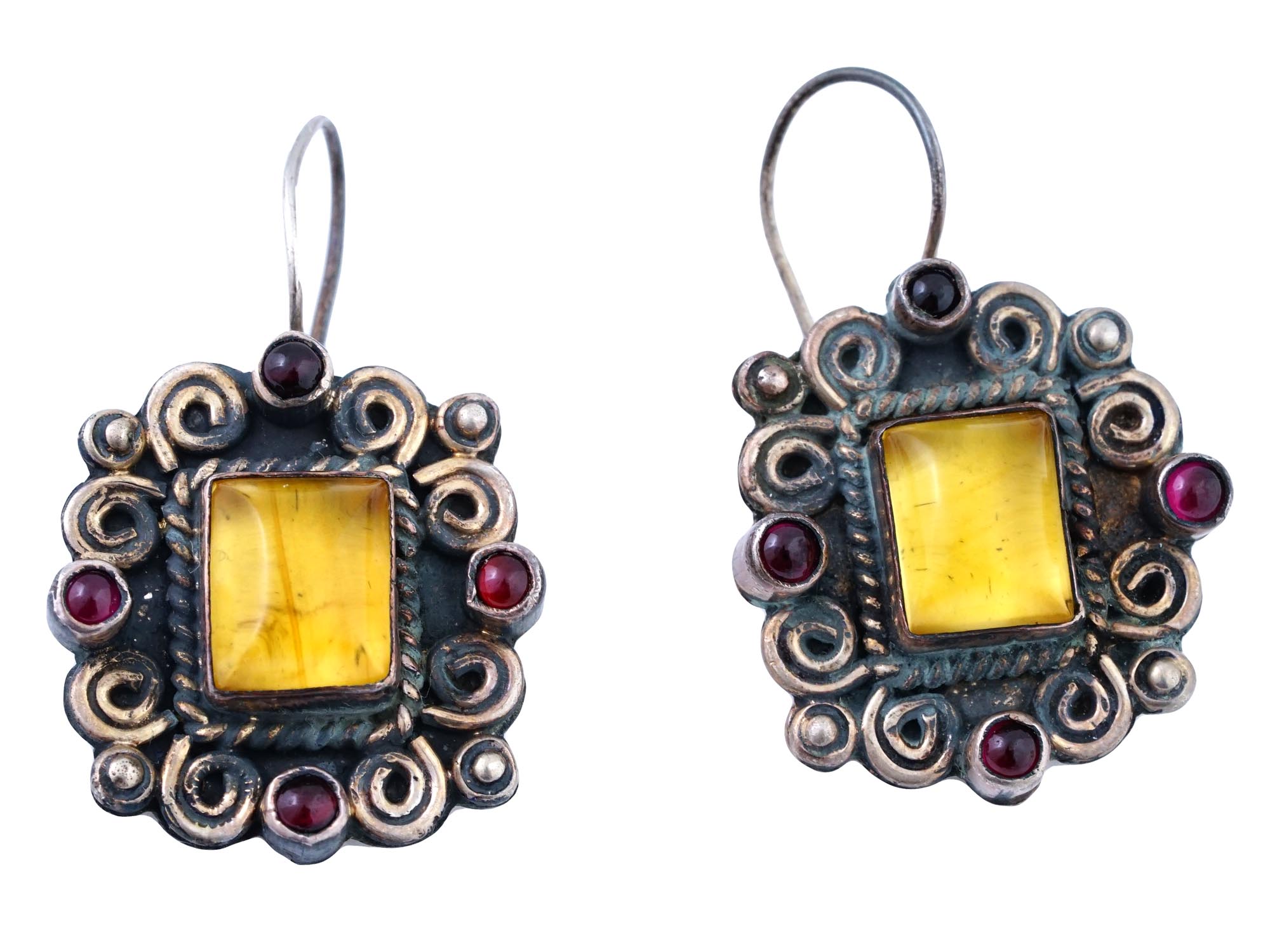 ANTIQUE 925 STERLING SILVER GARNET AMBER EARRINGS PIC-0