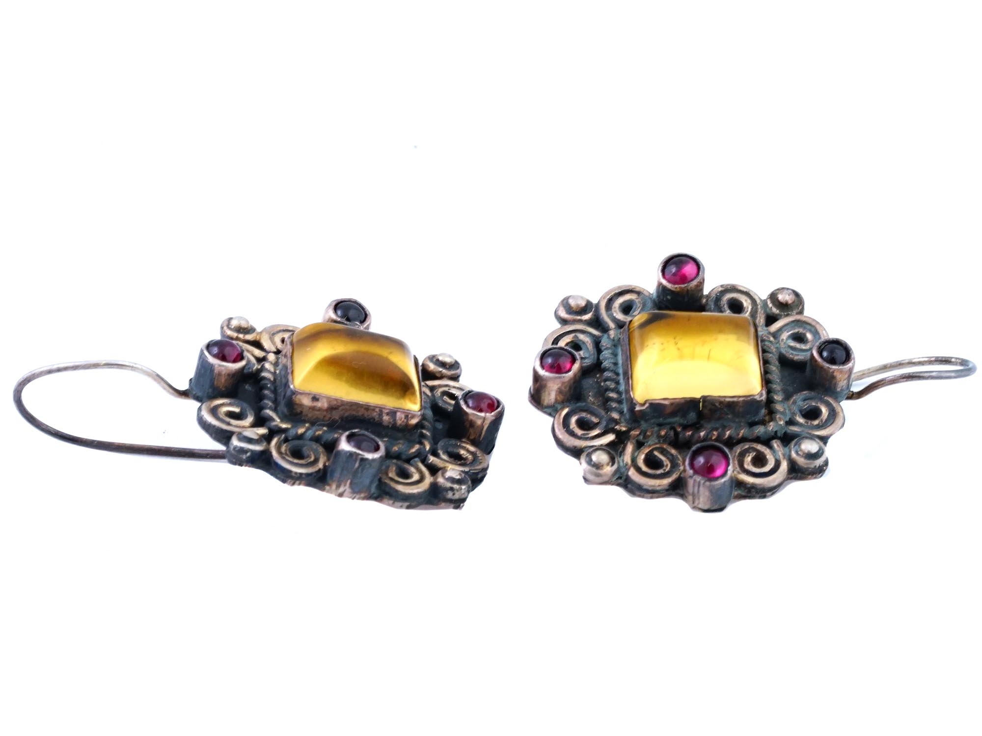 ANTIQUE 925 STERLING SILVER GARNET AMBER EARRINGS PIC-2