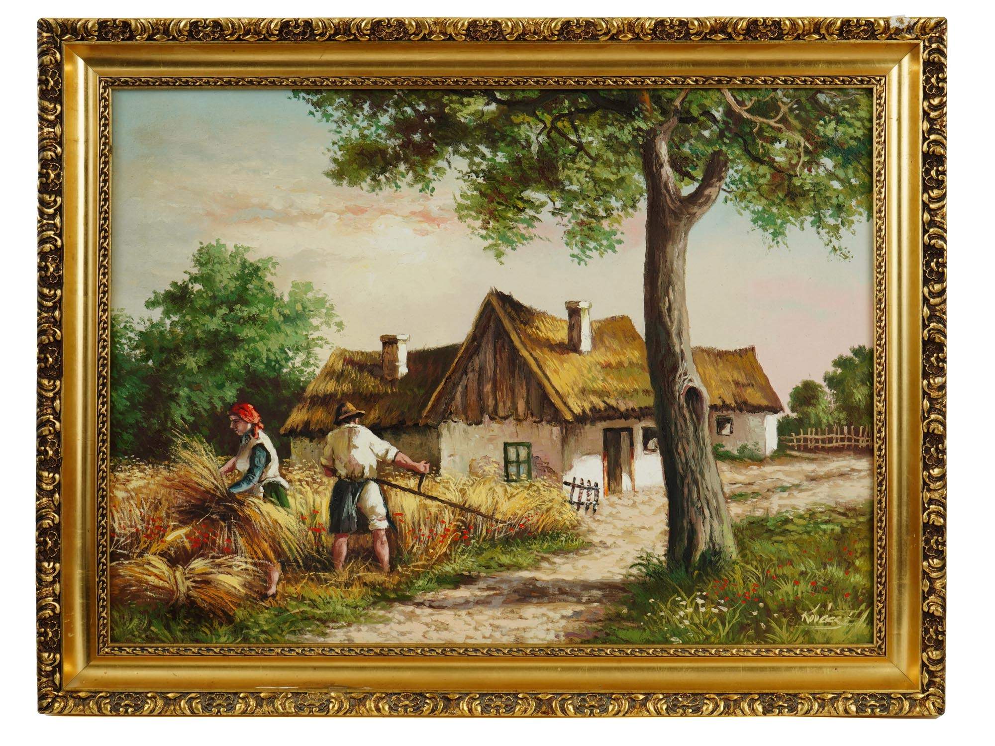 HUNGARIAN HARVEST SCENE PAINTING BY ELEMER KOVACS PIC-0