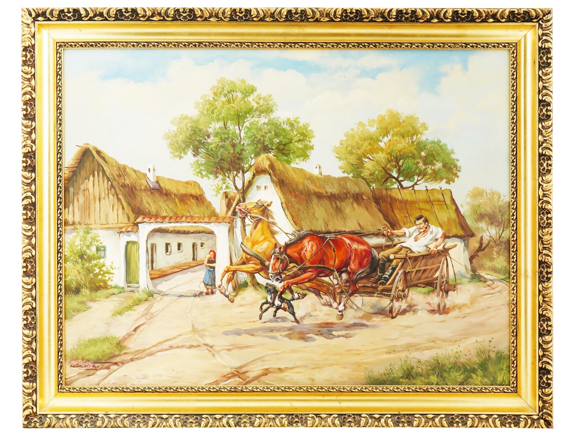 HUNGARIAN RURAL SCENE HORSE PAINTING BY ELEMER KOVACS PIC-0