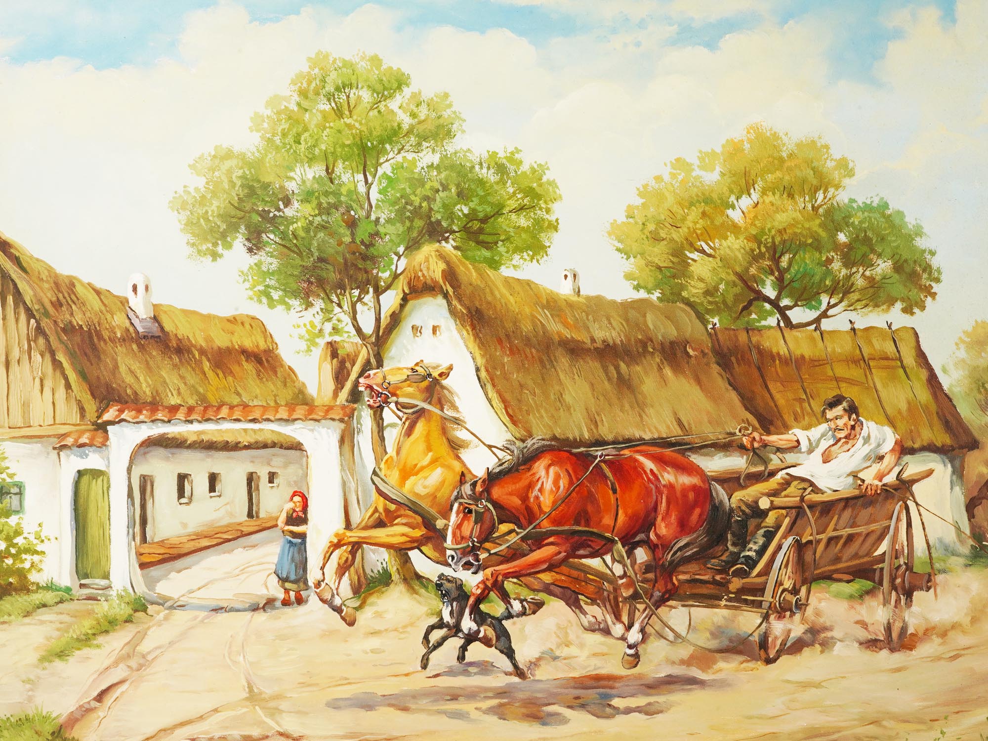 HUNGARIAN RURAL SCENE HORSE PAINTING BY ELEMER KOVACS PIC-1