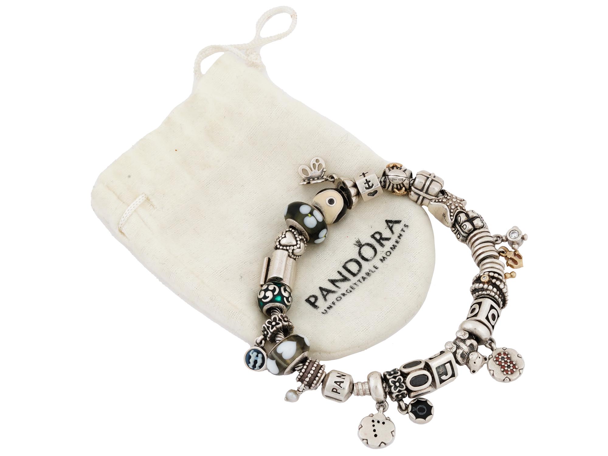 PANDORA BRACELET W SILVER AND GOLD BRAND CHARMS PIC-0