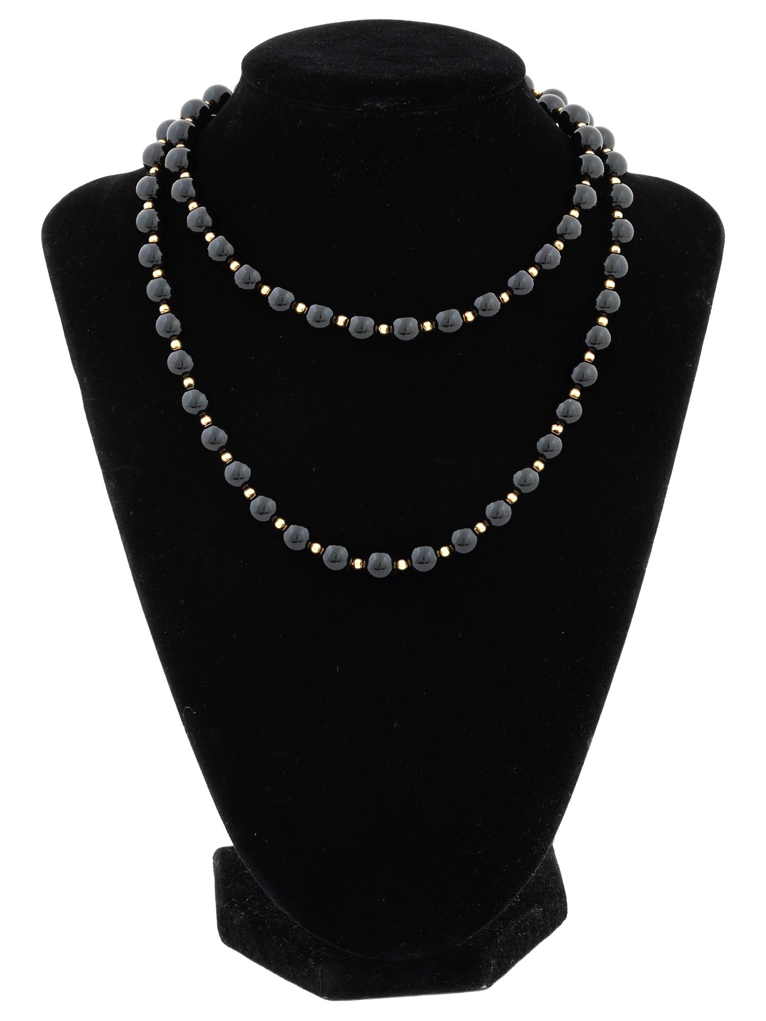 VINTAGE 14K GOLD ACCENT BLACK ONYX BEAD NECKLACE PIC-0