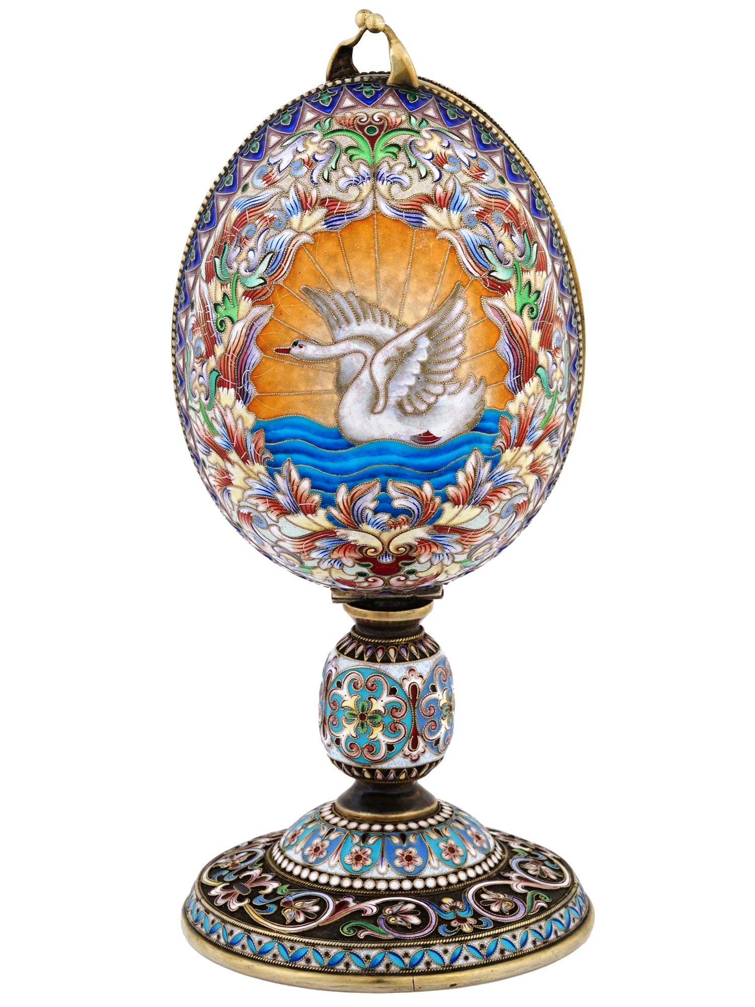 RUSSIAN GILT SILVER ENAMEL ROCK CRYSTAL EGG CASKET PIC-3