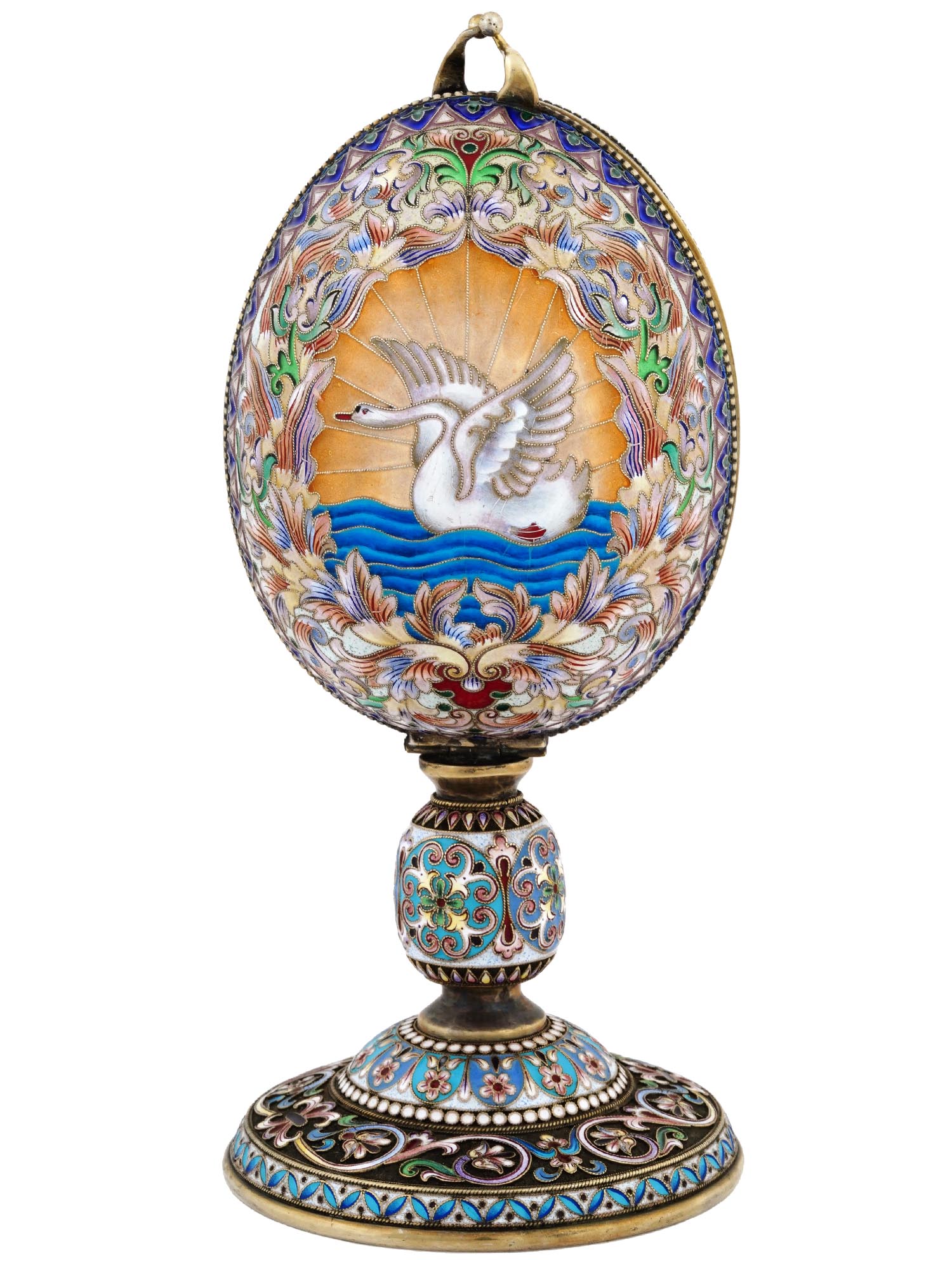 RUSSIAN GILT SILVER ENAMEL ROCK CRYSTAL EGG CASKET PIC-1