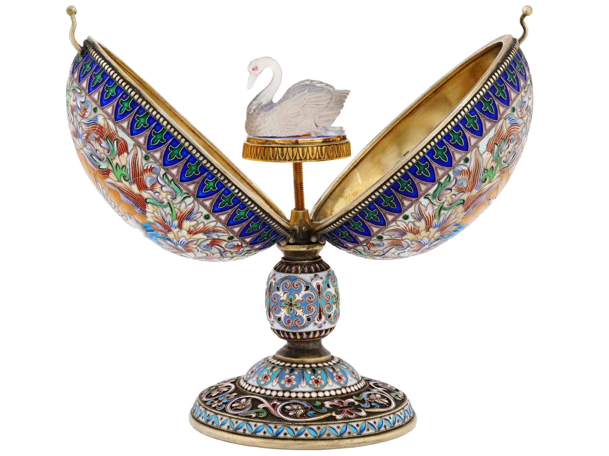 RUSSIAN GILT SILVER ENAMEL ROCK CRYSTAL EGG CASKET PIC-0