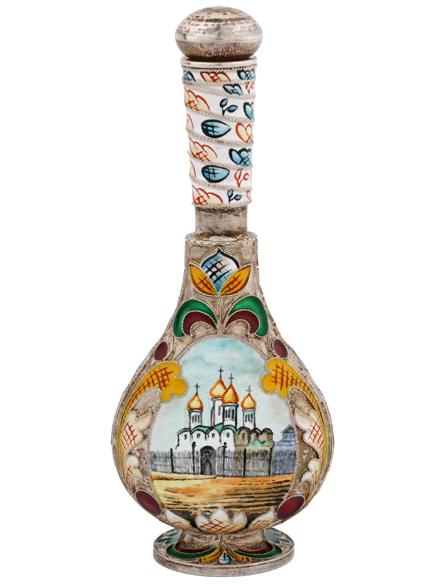 RUSSIAN SILVER ENAMEL PERFUME BOTTLE WITH MINIATURE PIC-0