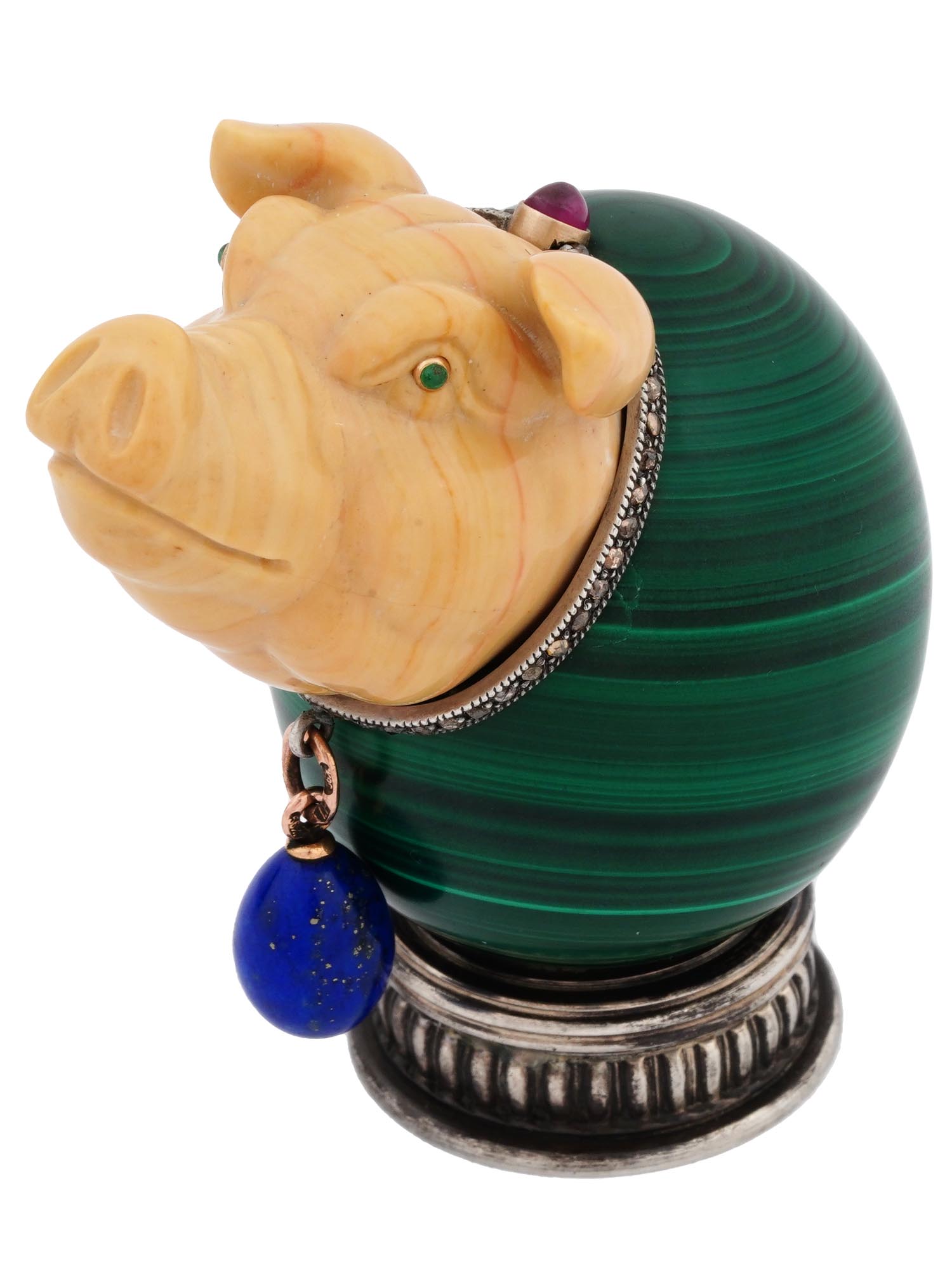 RUSSIAN SILVER MALACHITE EGG WITH JASPER PIG HEAD PIC-0