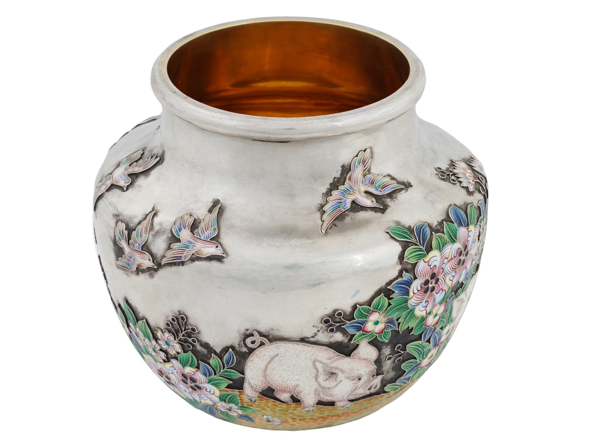 RUSSIAN 88 SILVER ENAMEL PIG SCENE VASE PIC-1