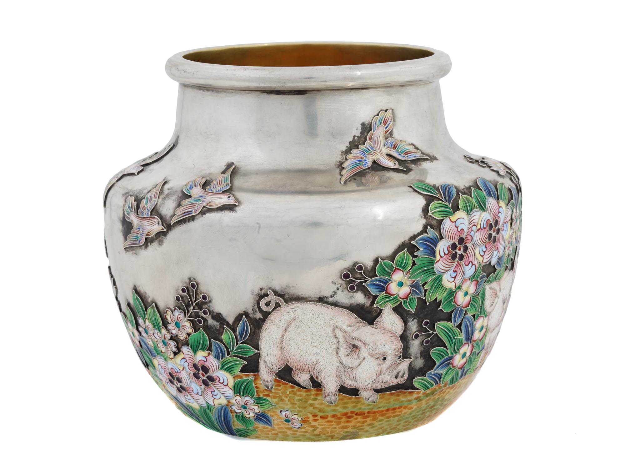 RUSSIAN 88 SILVER ENAMEL PIG SCENE VASE PIC-0