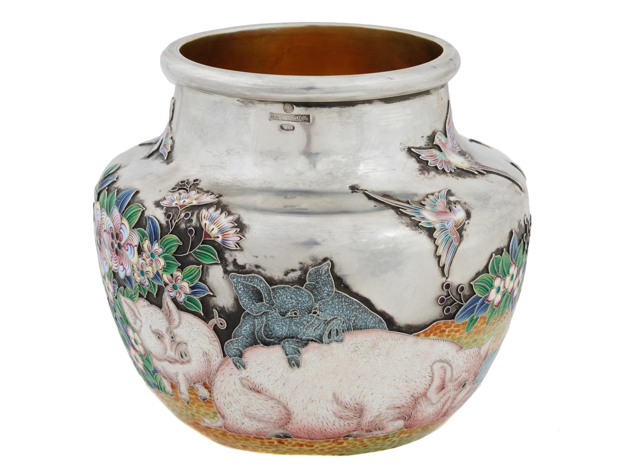 RUSSIAN 88 SILVER ENAMEL PIG SCENE VASE PIC-2