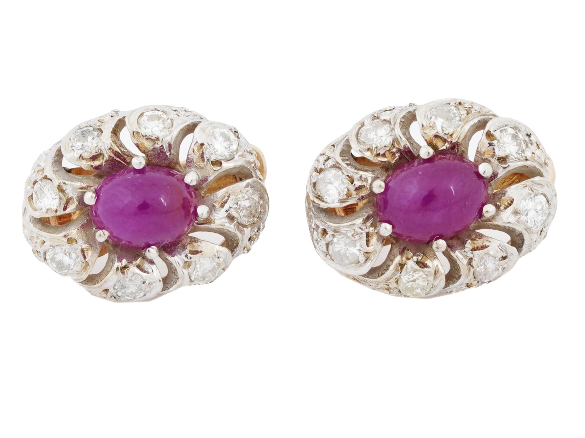 RUSSIAN 14K GOLD RUBY DIAMOND CLUSTER EARRINGS PIC-2