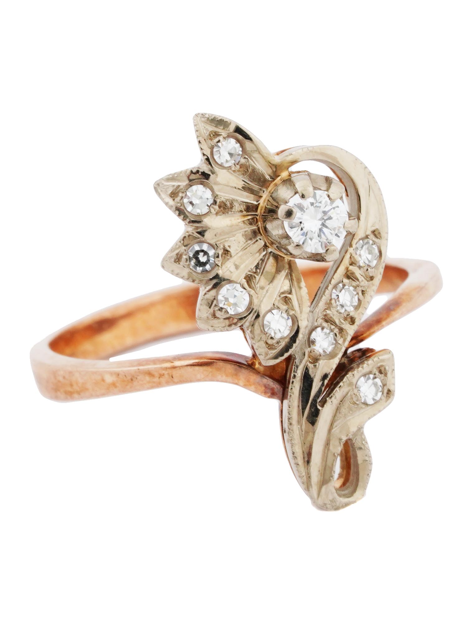 RUSSIAN SOVIET ERA 14K GOLD DIAMOND FLOWER RING PIC-1