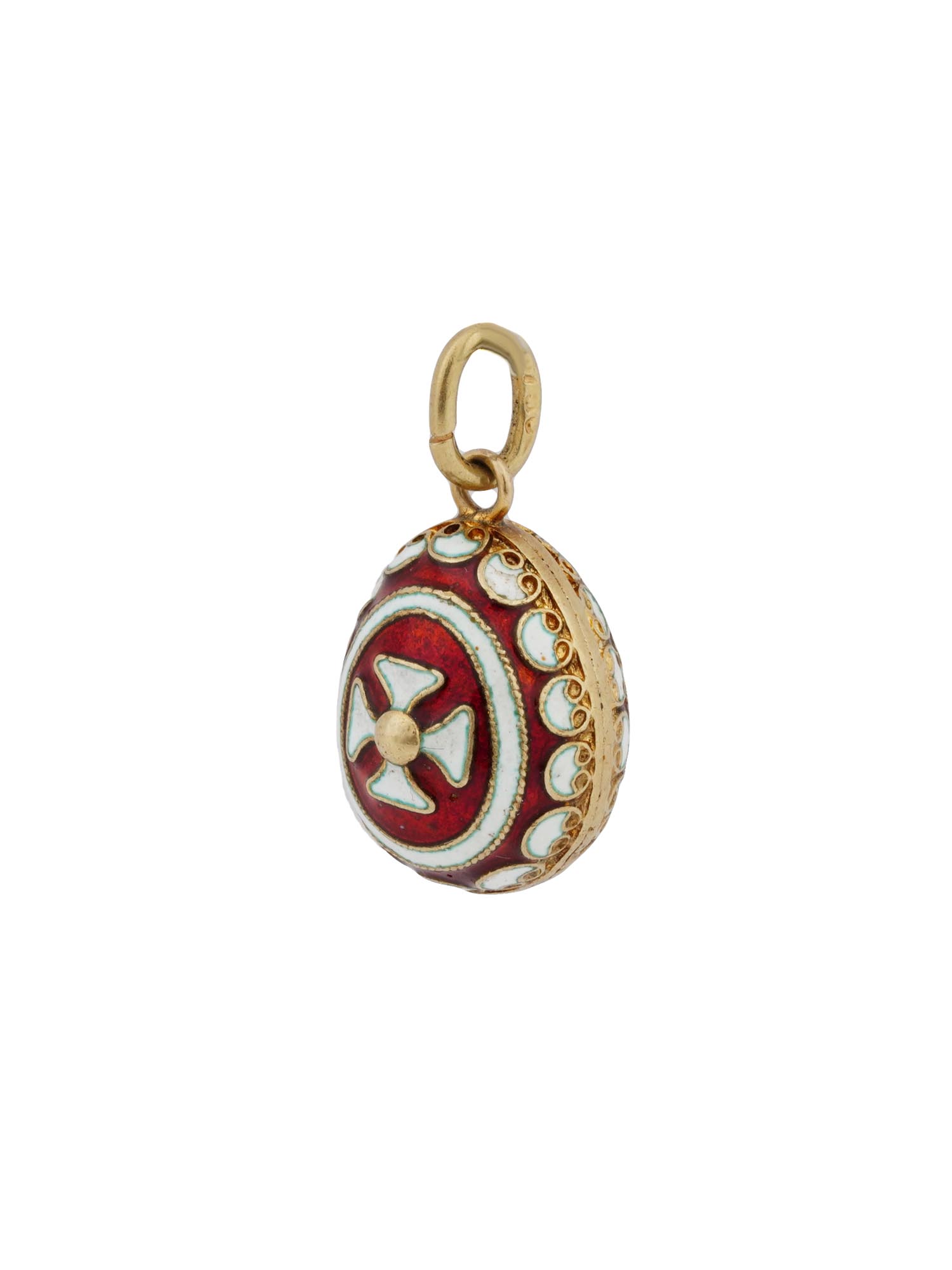 RUSSIAN GOLD CLOISONNE ENAMEL EGG PENDANT WITH CROSS PIC-1