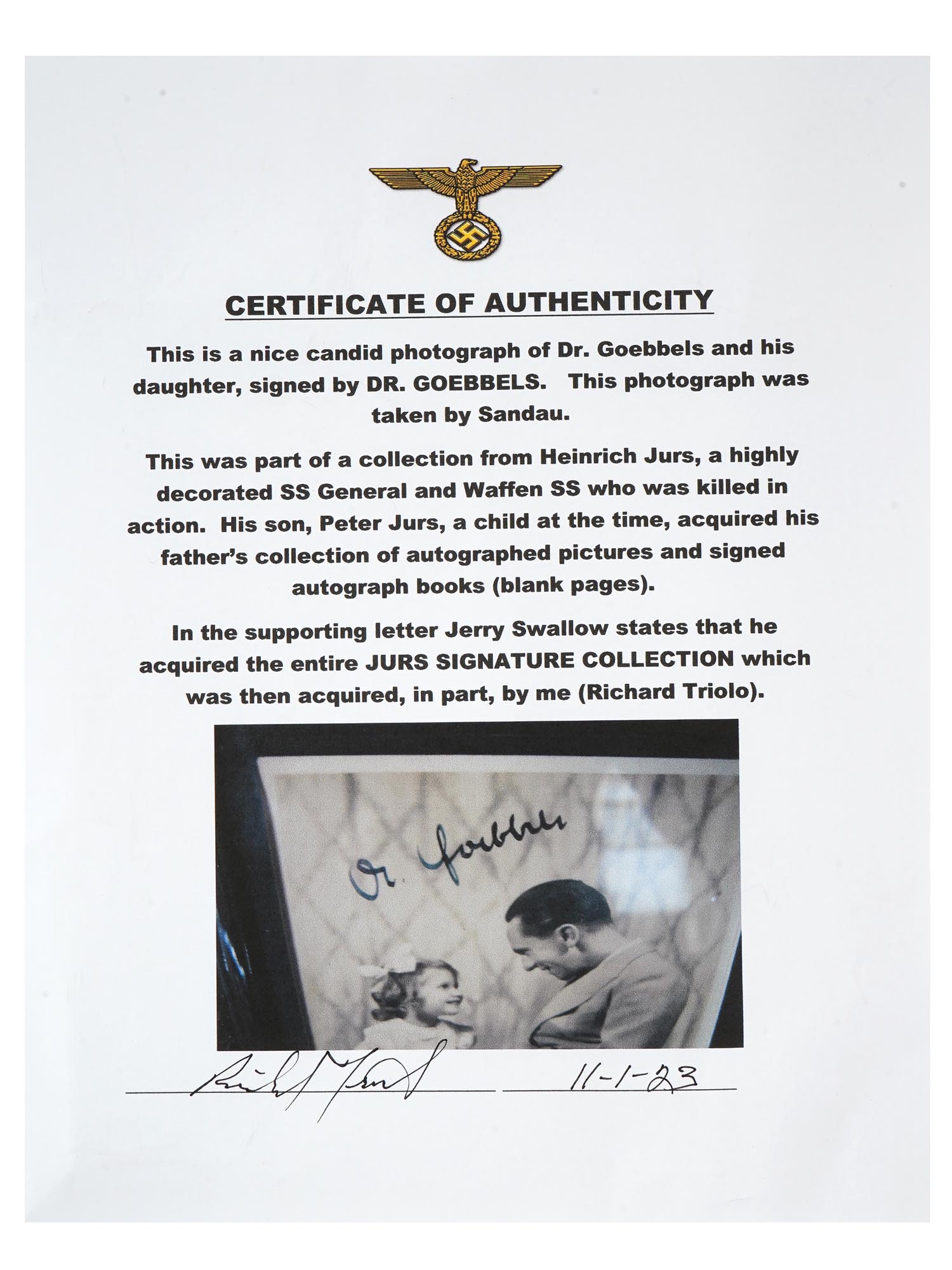 SIGNED NAZI GERMAN PHOTO OF DR GOEBBELS W DAUGHTER PIC-6