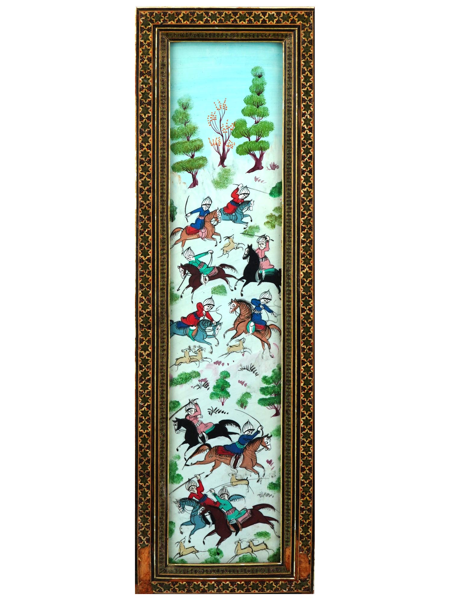 PERSIAN SURATGARI PAINTING IN MARQUETRY KHATAM FRAME PIC-0