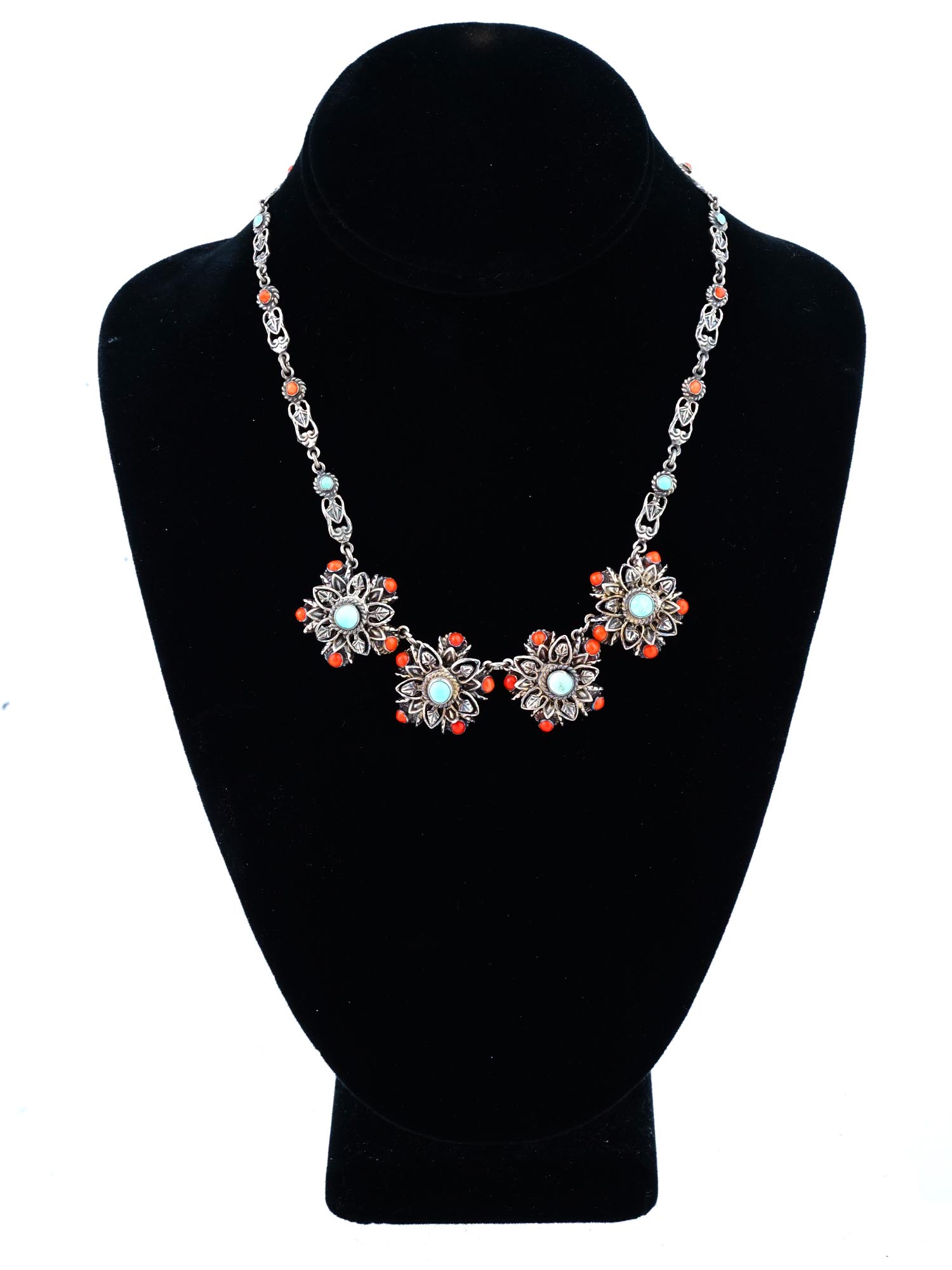 900 SILVER TURQUOISE AND CORAL NEO OTTOMAN NECKLACE PIC-0