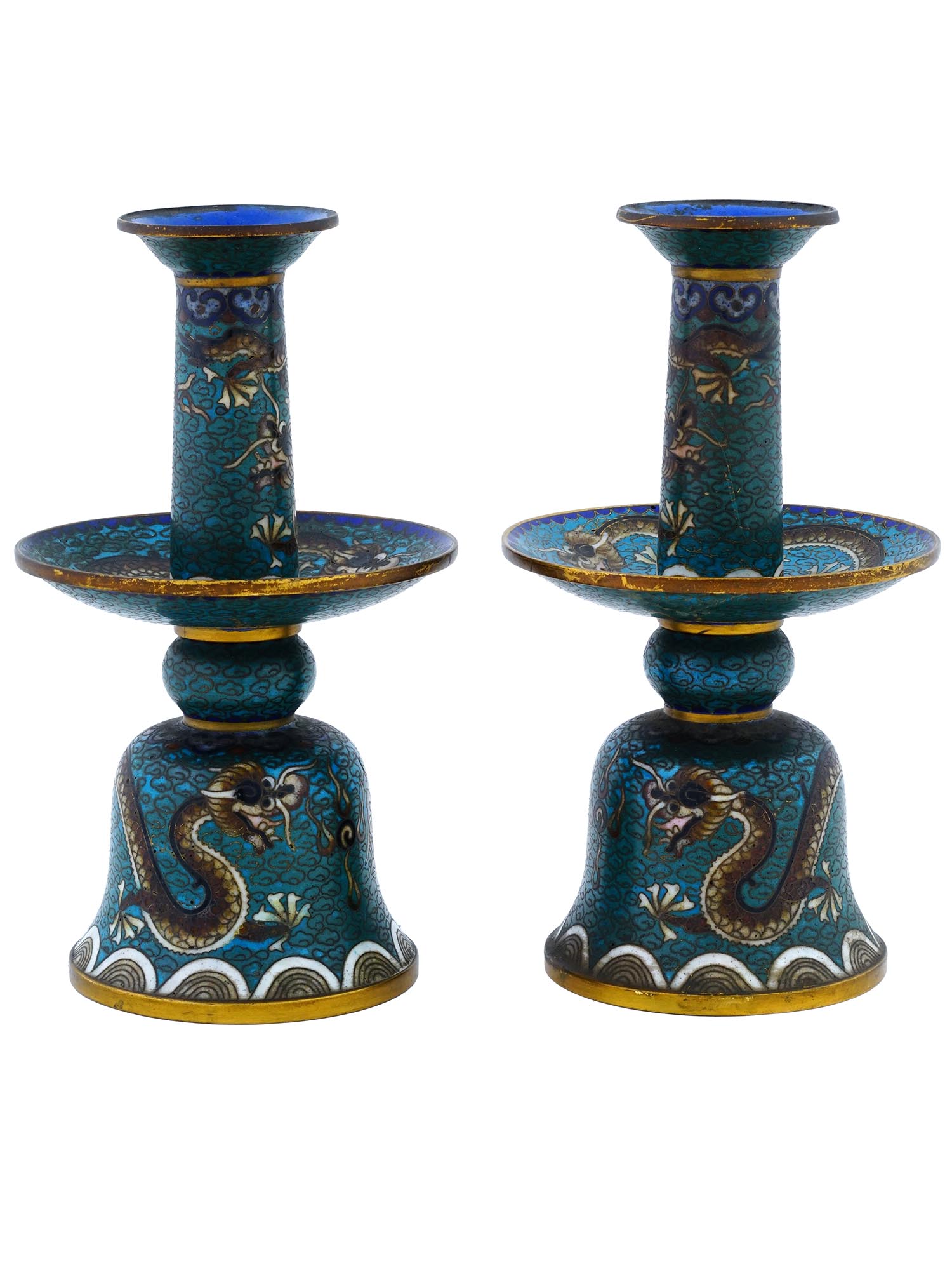 ANTIQUE CHINESE QING CLOISONNE ENAMEL CANDLE HOLDERS PIC-2