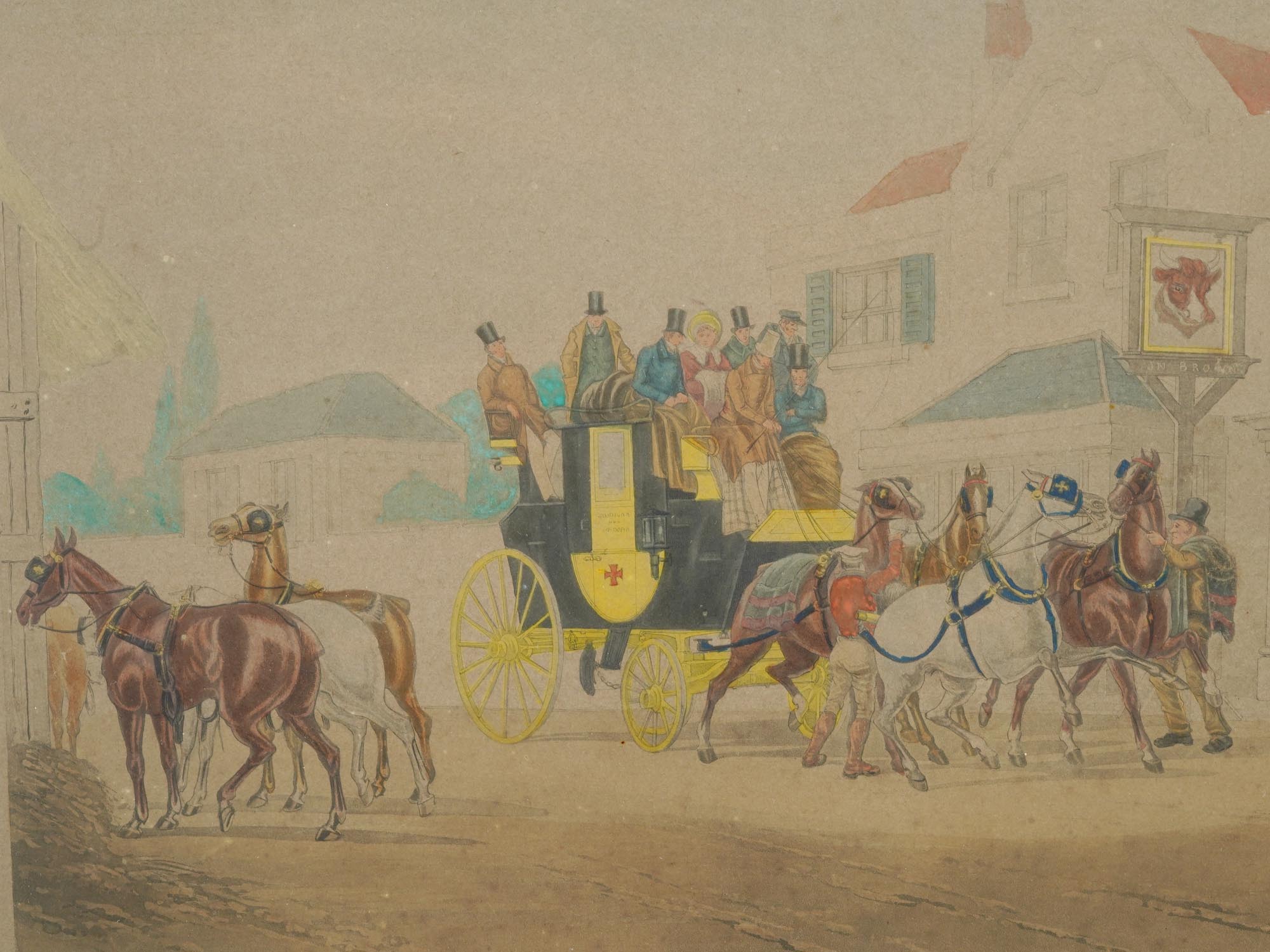 ANTIQUE COLORED ETCHING COACH SCENE BY JAMES POLLARD PIC-1