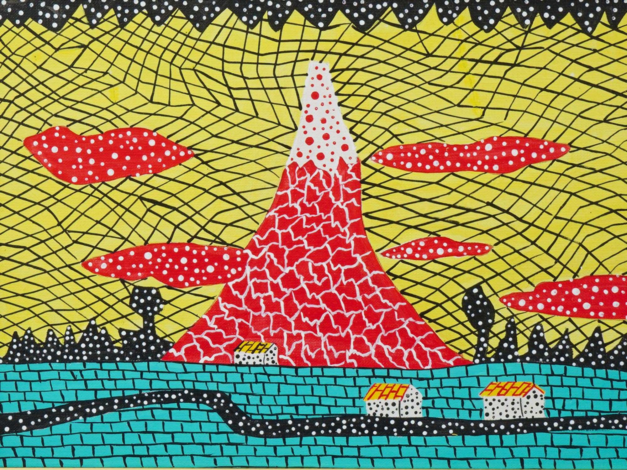 RED MT FUJI ACRYLIC PAINTING AFTER YAYOI KUSAMA PIC-1