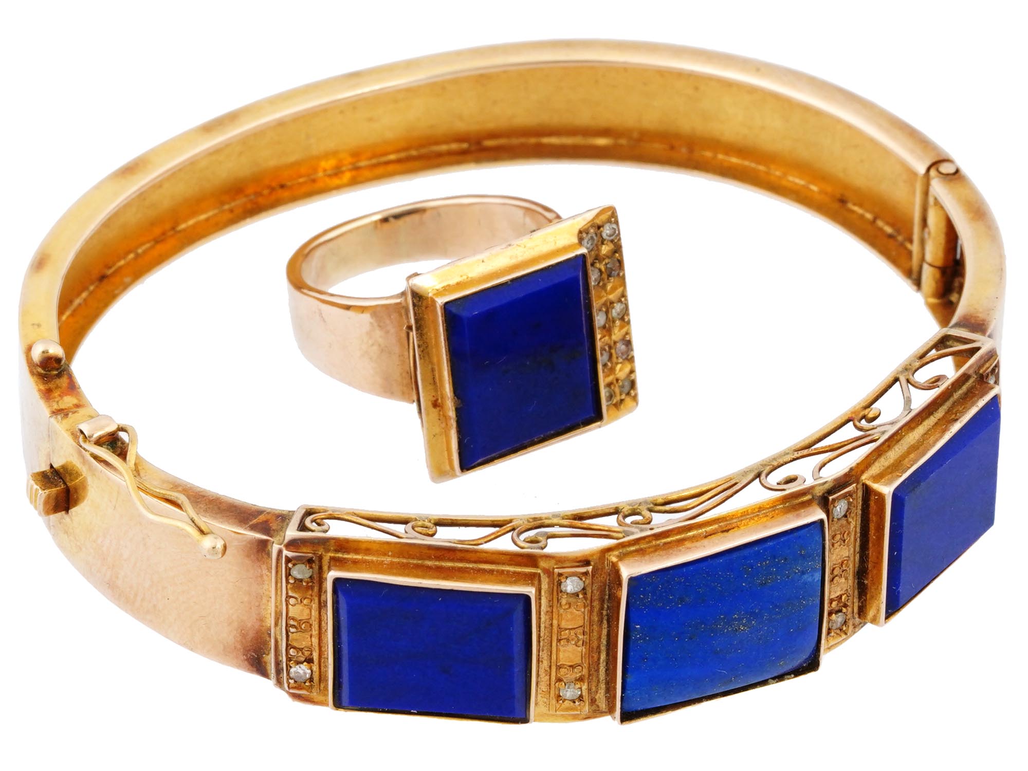 ITALIAN 18K GOLD LAPIS LAZULI DIAMOND JEWELRY SET PIC-1