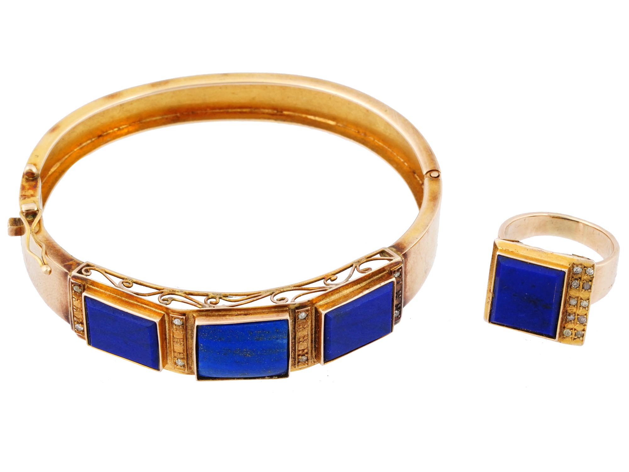 ITALIAN 18K GOLD LAPIS LAZULI DIAMOND JEWELRY SET PIC-2