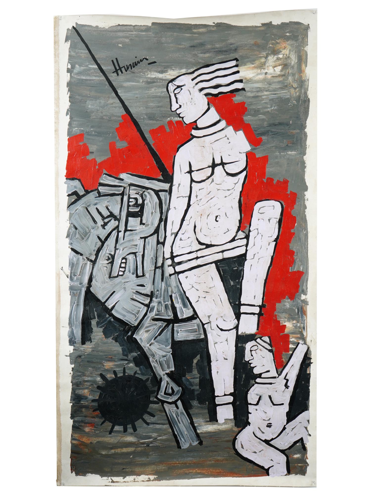 MAQBOOL FIDA HUSAIN LADY WITH HORSE OIL PAINTING PIC-0