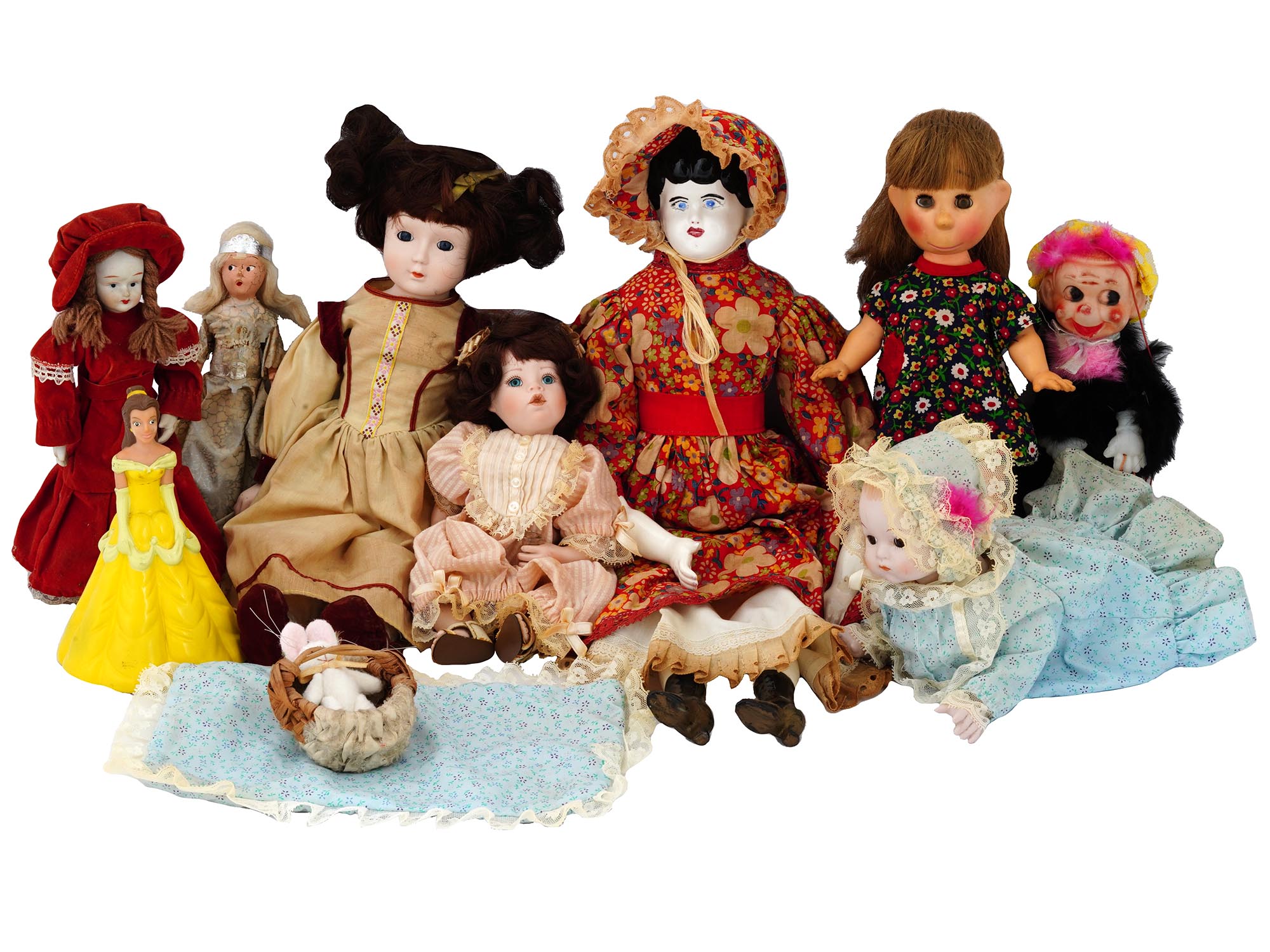 COLLECTION OF VINTAGE PORCELAIN DOLLS IN OUTFITS PIC-0