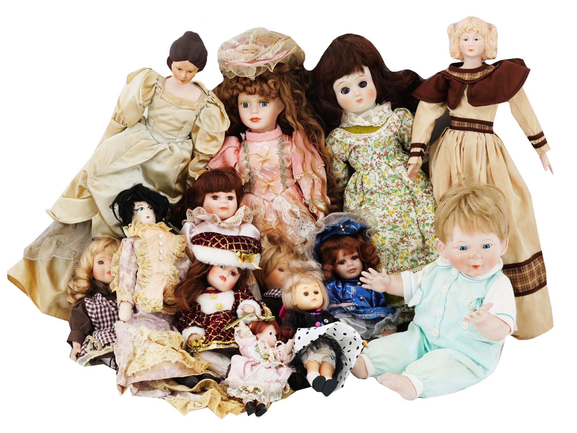 COLLECTION OF VINTAGE PORCELAIN DOLLS IN OUTFITS PIC-0