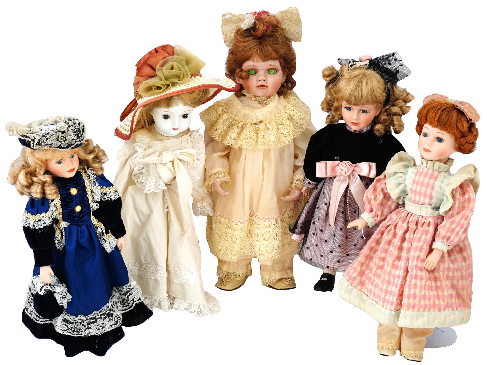 COLLECTION OF VINTAGE PORCELAIN DOLLS IN OUTFITS PIC-0