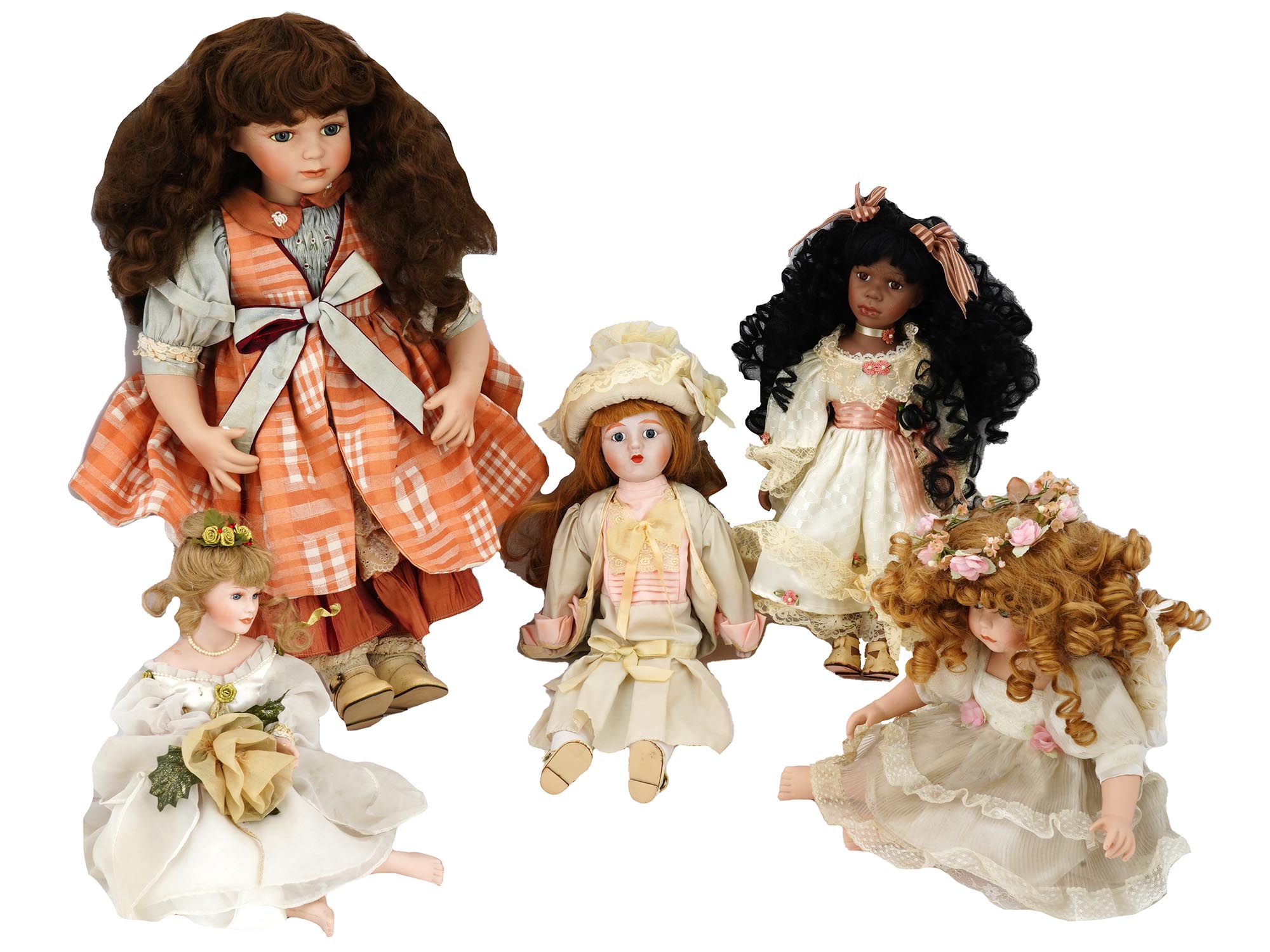 COLLECTION OF VINTAGE PORCELAIN DOLLS IN OUTFITS PIC-0