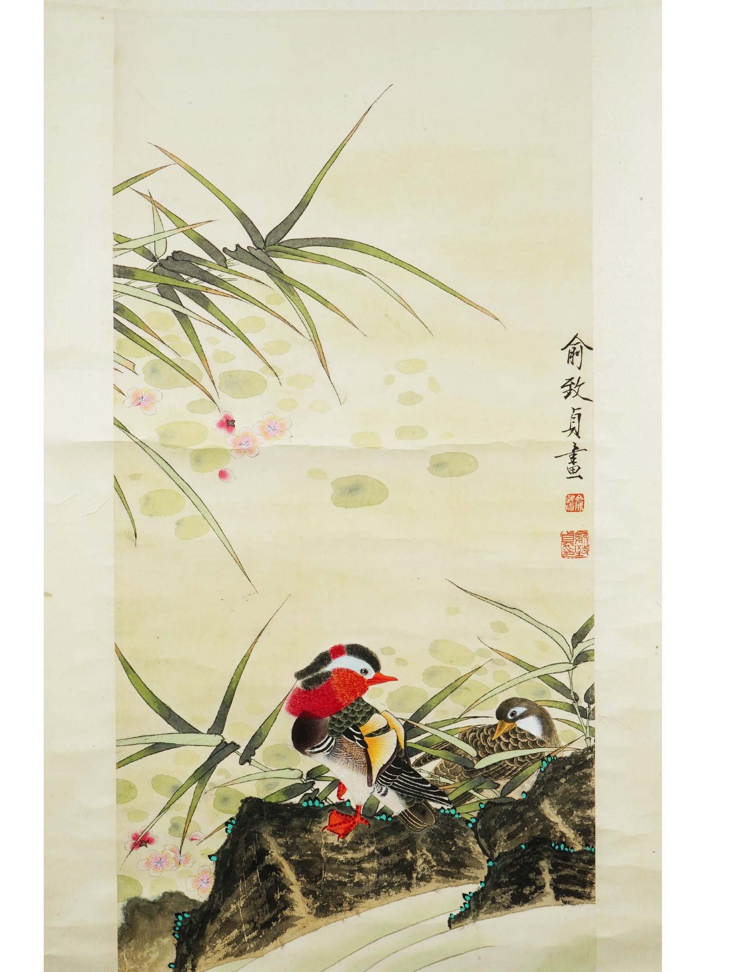 VINTAGE CHINESE HANGING SCROLL FLORAL BIRD PAINTING PIC-1