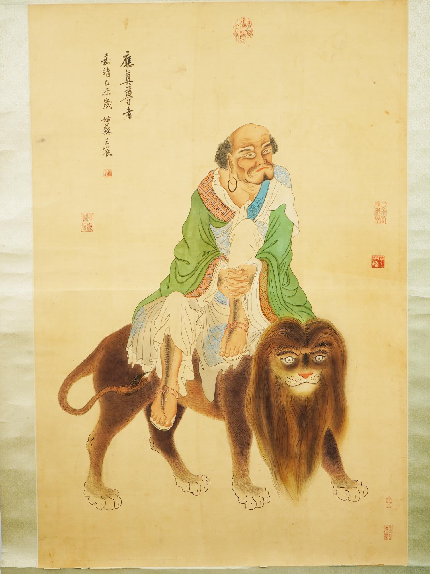 ANTIQUE CHINESE LOUHAN LION HANGING SCROLL PAINTING PIC-1