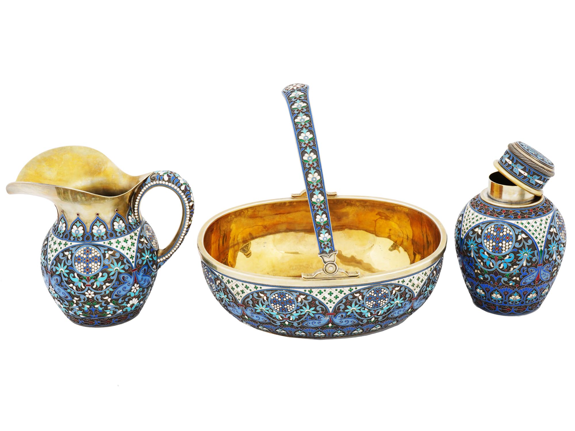 RUSSIAN SILVER GILT CLOISONNE ENAMEL TEA SET PIC-5