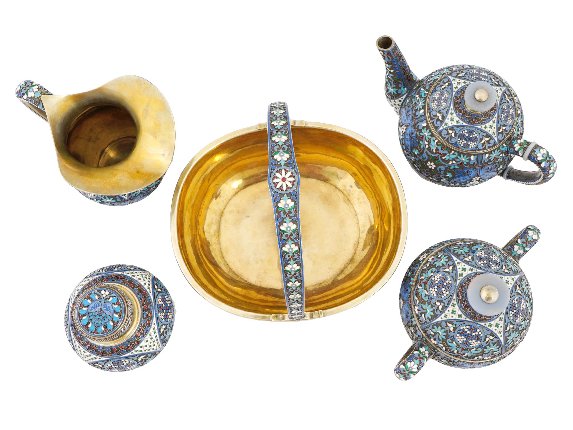 RUSSIAN SILVER GILT CLOISONNE ENAMEL TEA SET PIC-2