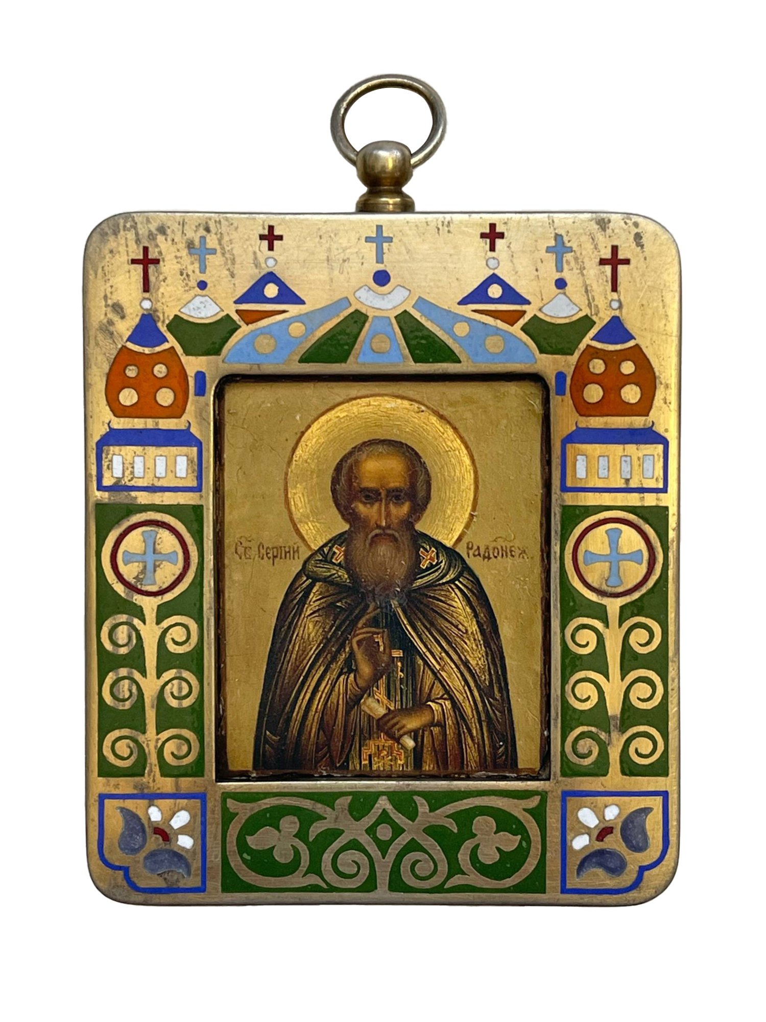 RUSSIAN GILT SILVER ICON PENDANT SERGIY OF RADONEZH PIC-0