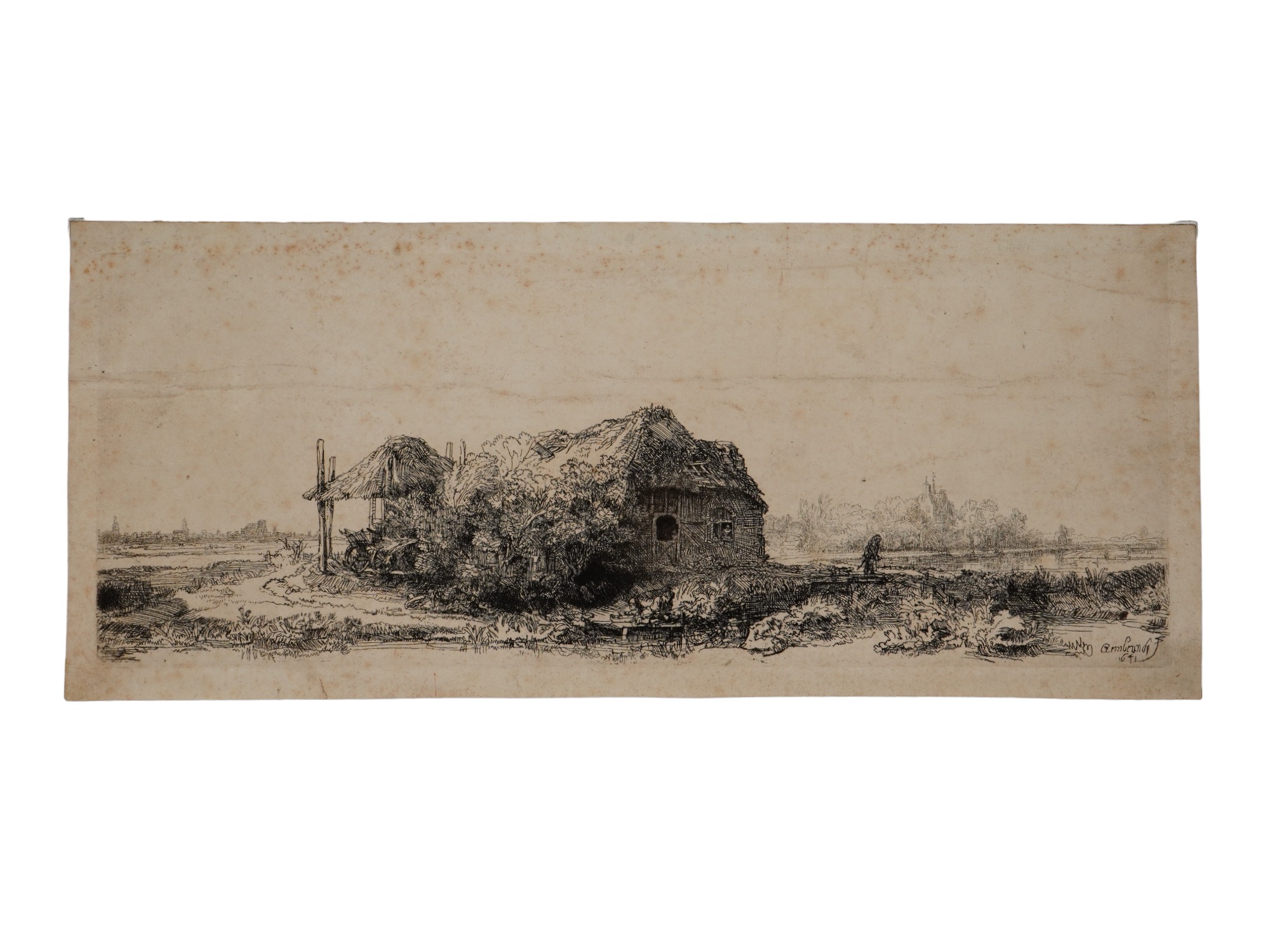 1641 DUTCH OBLONG LANDSCAPE ETCHING BY REMBRANDT PIC-1