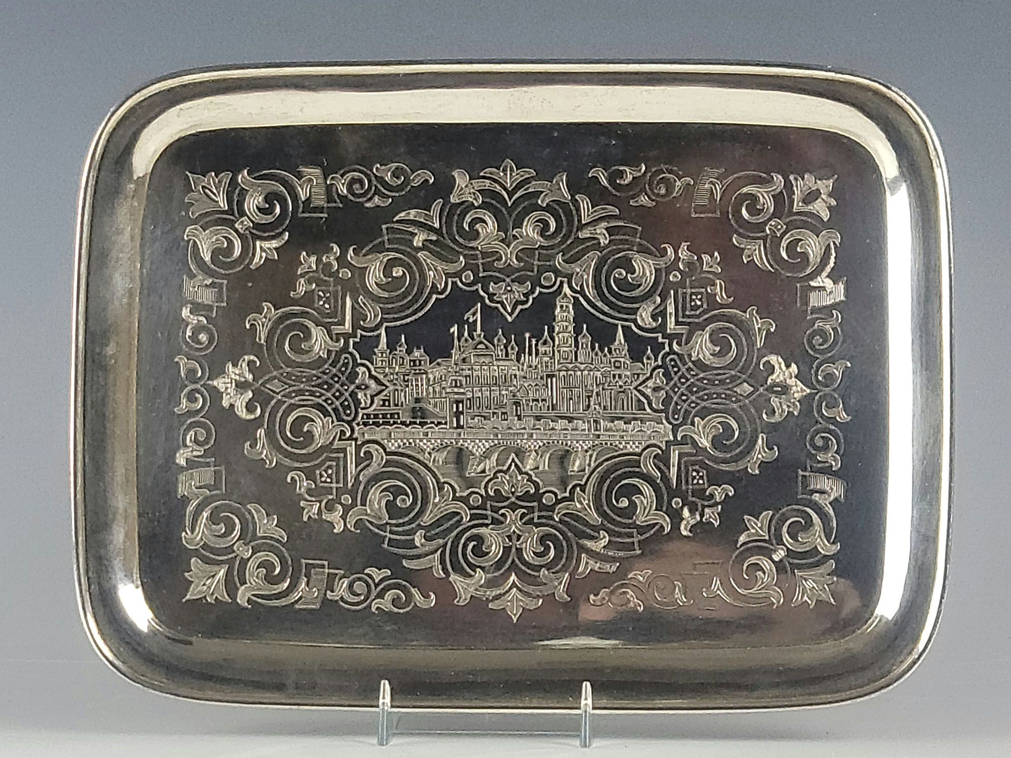 ANTIQUE RUSSIAN ENGRAVED SILVER SERVING TRAY 1858 PIC-0