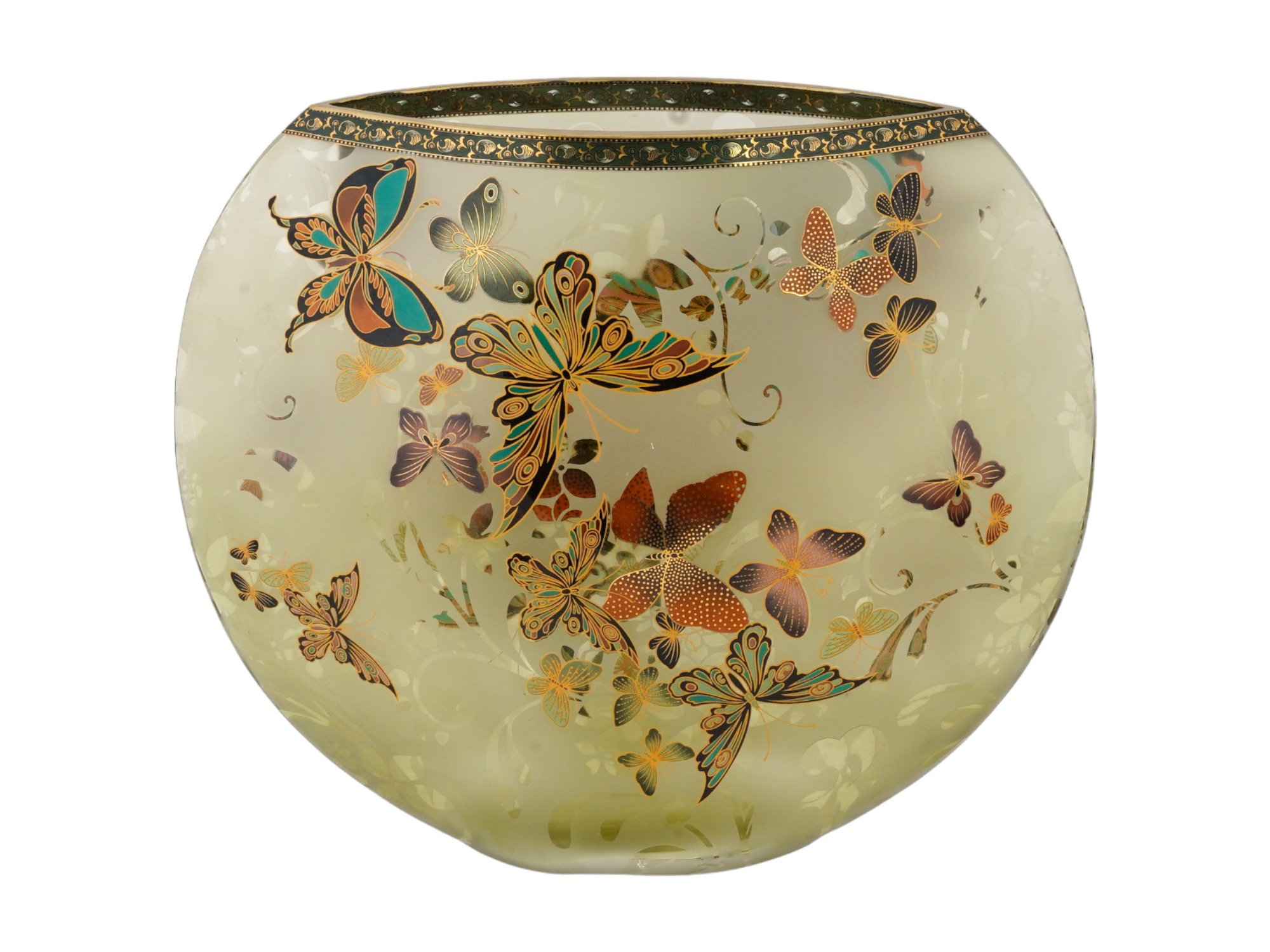 LARGE VINTAGE ETCHED FROSTED GLASS BUTTERFLY VASE PIC-0