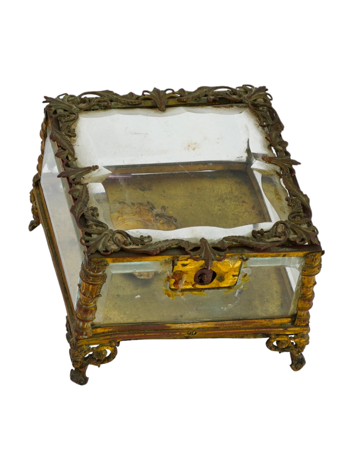 ANTIQUE FRENCH GILT BRONZE CLEAR GLASS TRINKET BOX PIC-2