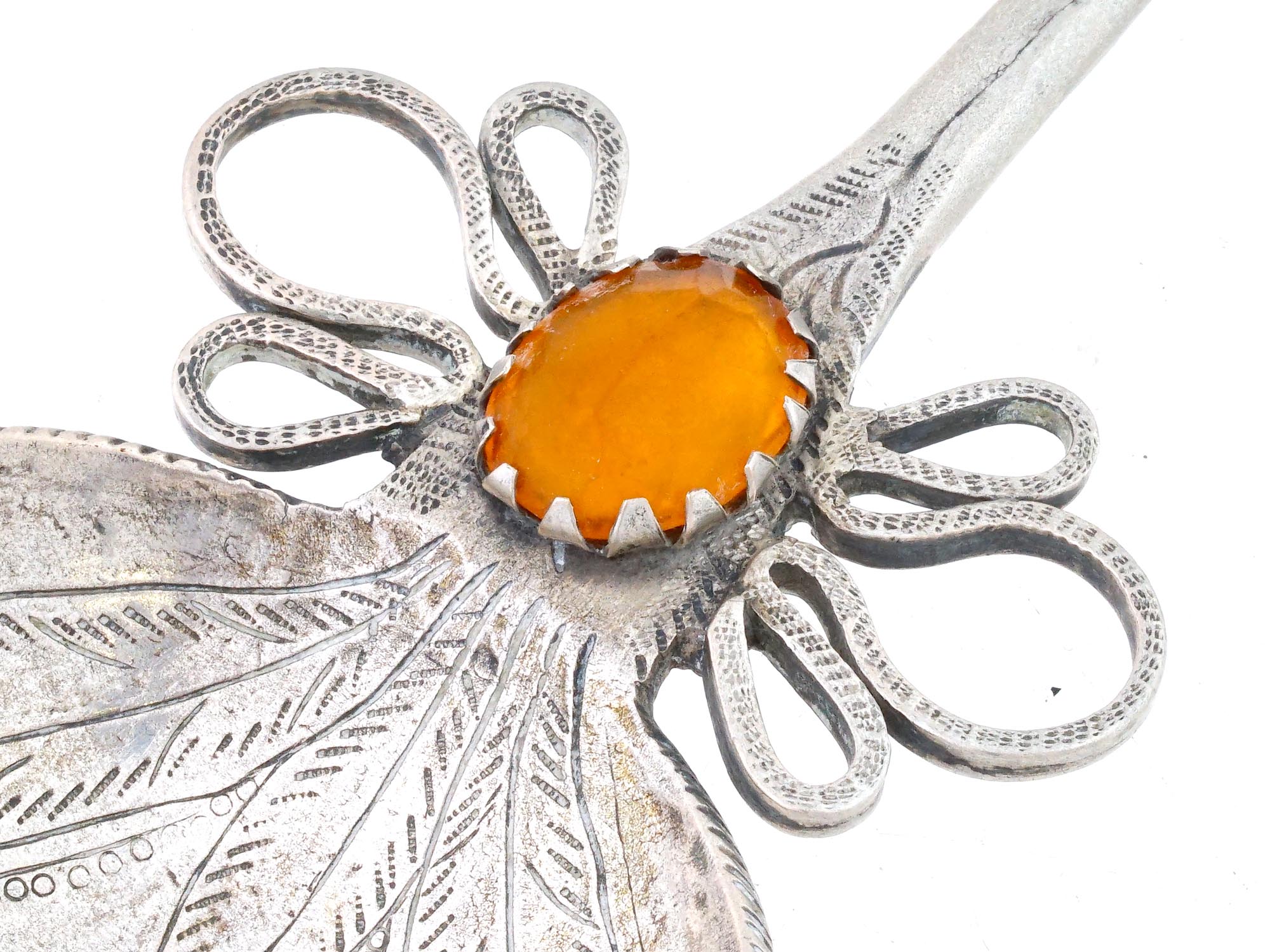 LARGE ANTIQUE SILVER AMBER STONE DECORATIVE SPOON PIC-2