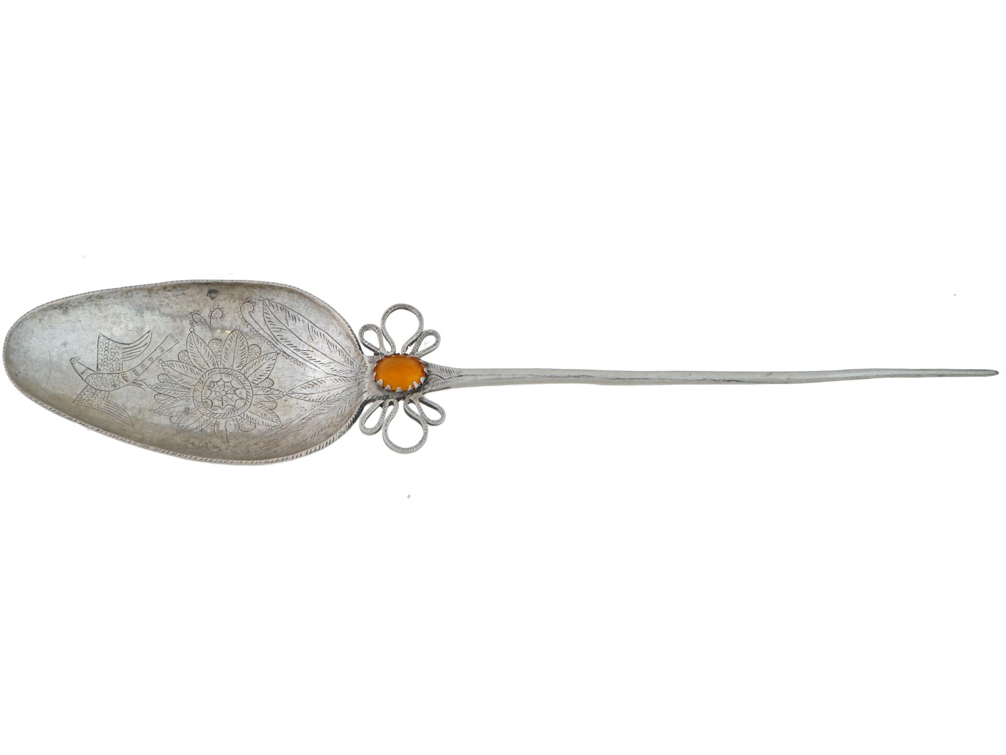 LARGE ANTIQUE SILVER AMBER STONE DECORATIVE SPOON PIC-0