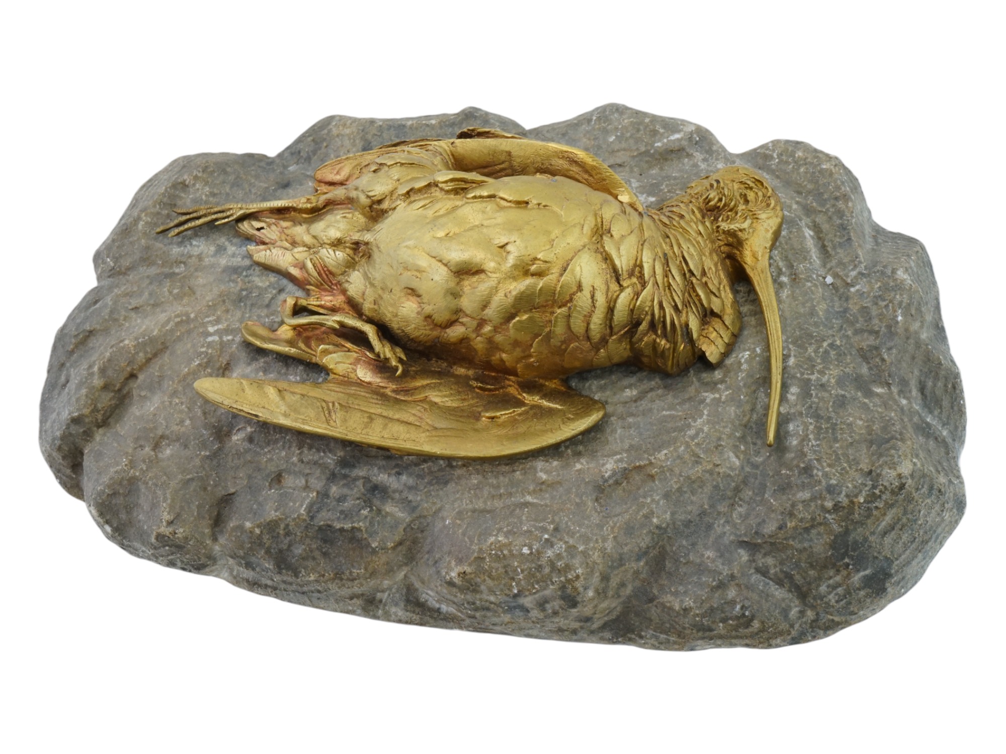 VINTAGE BRONZE SCULPTURE OF A DECEASED BIRD ON STONE PIC-0